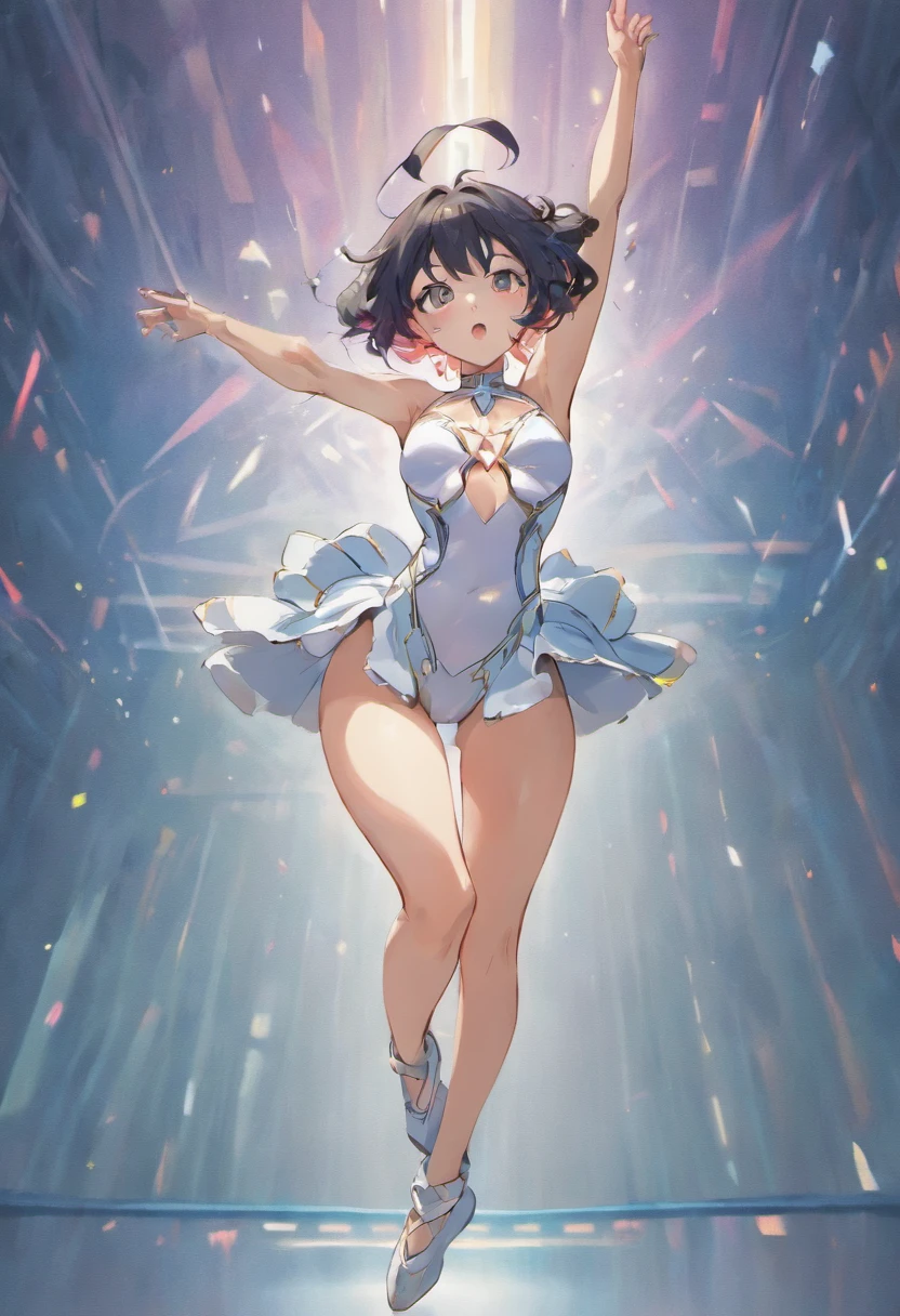 Standing with one leg raised high、No panties、 genitals are showing through、Glossy pure white rhythmic gymnastics leotard、sexy pose、no-bra、huge tit、Shiny black long hair、Shameful、Rhythmic gymnastics arena