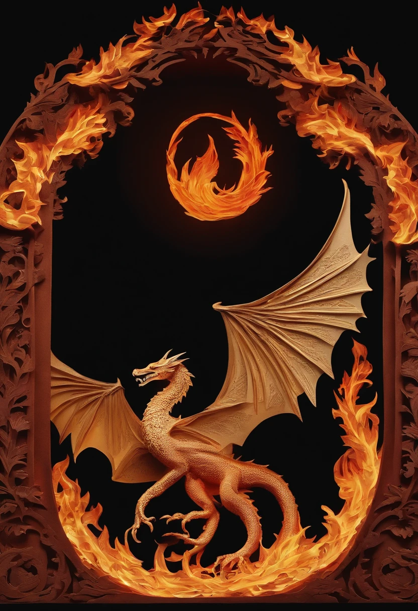 Best Quality, Top image quality, Top resolution, Intricate details, Craftsmanship, (Papercut:1.3), The work of a magician with fire magic, Ring of Fire, Dragon engulfed in flames, Cutting framed paper, Protruding from the flame of the flame, Actual Paper Burning, fire, Real Fire