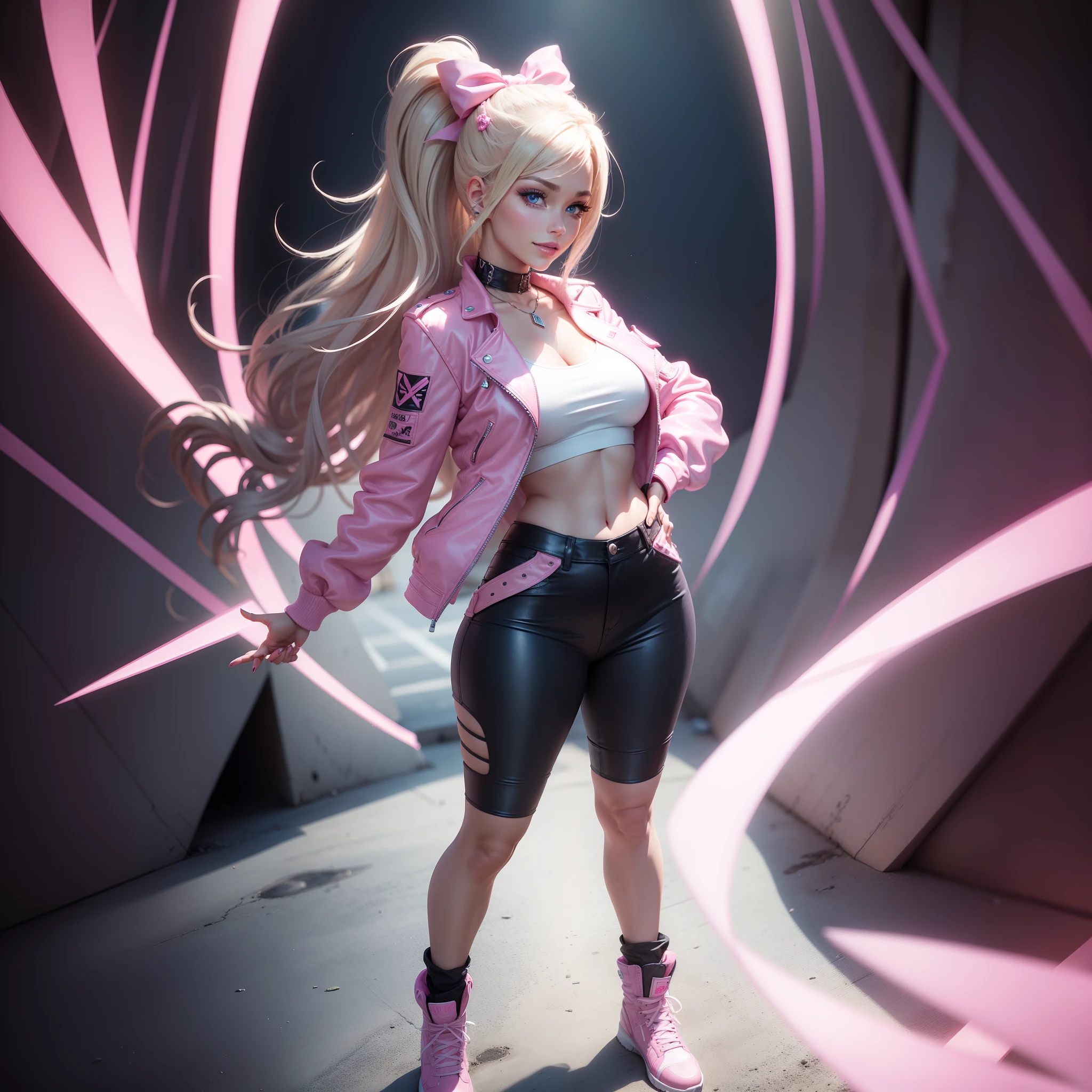 Harley Quinn, ***** adult girl, long blonde hair, short girl, small breast, perfect hips, perfect body, perfect round butt, reflective shiny skintight black bike shorts, view from the side, pink crop top hoodie, defiant gaze, very skinny girl, arms behind the back, monoglove, both arms in the same sleeve