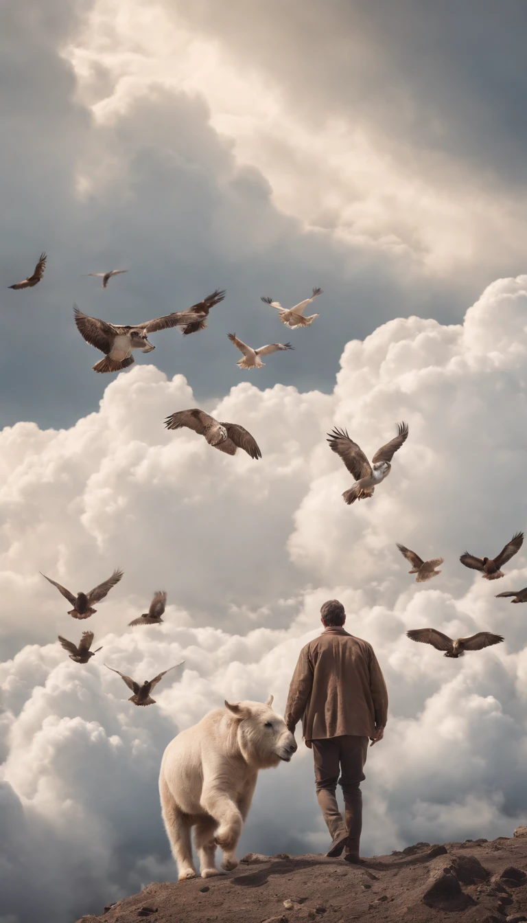 a man in the sky walking on the clouds and lots of animals around him