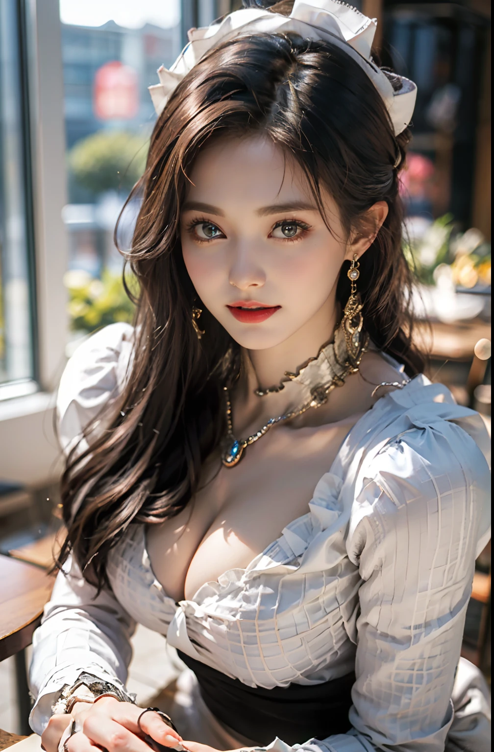 (8K, Raw photography, top-quality, masterpiece: 1.2), masterpiece, Super Detail, 超A high resolution, (Realistic and realistic photos: 1.37), high-definition RAW color photography, extremely delicate and beautiful, ighly detailed, 8K Wallpaper, astonishing, detaileds, extremely detailed eye, highlydetailed skin, extremely detailed fingers, highly detailed nose, highly detail mouth, perfect anatomia,1girl in, Apron, Black Dress, Blurry, Blurry background, Blurred foreground, blush, braid, breasts, depth of fields, Dress, eyebrows visible through hair, frilld, gloves, hair between eye, Indoors, Jewelry, juliet sleeves, Long sleeves, Looking at Viewer, maid, maid apronl, Maid headdress, Puffy sleeves, Short hair, Sitting, Solo, White Apron, window, Huge boobs、hposing Gravure Idol、女優、25-years old、tall、cafes、resturant、Italy、Americans、Australia