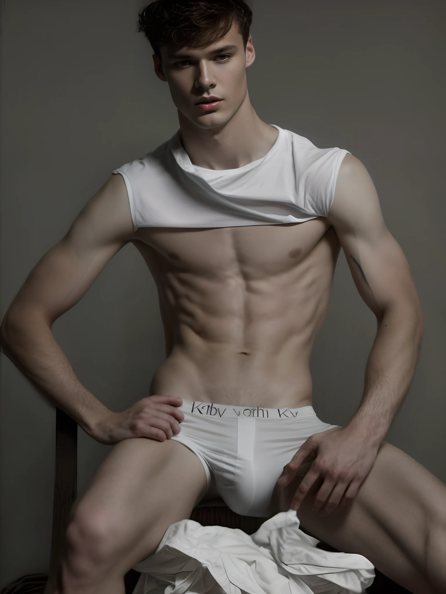 Alafeld male model in white shirt and white underwear sitting on bed, Male model, editorial model, very very roberto ferri, steven klein, underwear ad, thin young male, inspired by Adrian Zingg, alex kanevsky, Danila Tkachenko, Melt Arras and Marcus Pigot, Open V chest clothes, vman magazine, Smooth pale skin