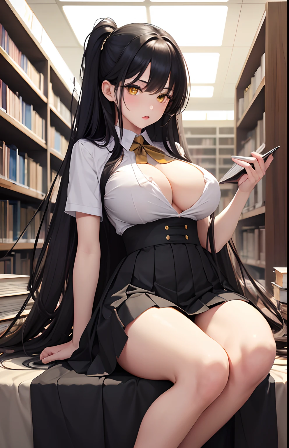 masterpiece, top-quality, 1girl in, A dark-haired, yellow eyes, length hair, Fluffy skirt、Raw feet、atlibrary、big breast beauty