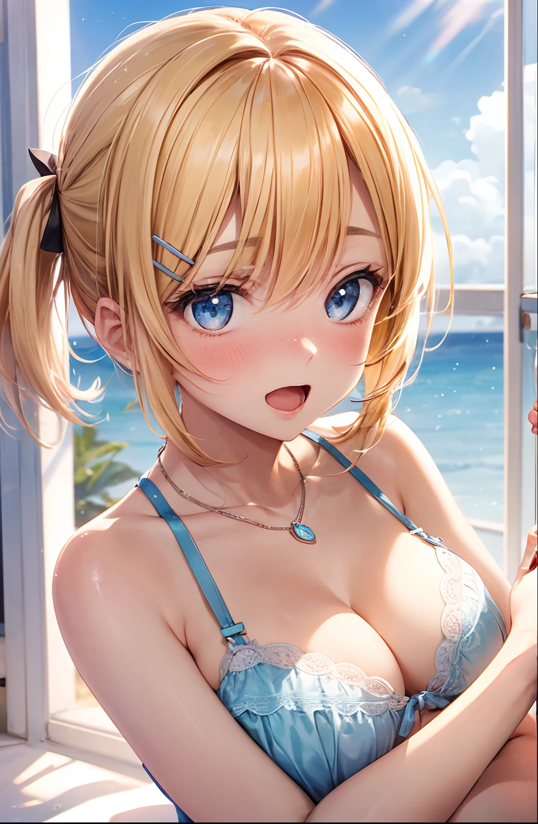 Top Quality, Best Masterpiece, (1 Female), (Solo), 25 Years Old, (Hugging One's Self:1.5), Pink Bra, (Surprised: 1.4), (Nose Blush), Looking At Camera, Bedroom, (Upper Body: 1.2), Slender Body, (Blonde Short Hair), (Low Twin Tails), Shiny Hair, Open Mouth, Blue eyes, (bright sunshine), changing clothes, (glint), blue sky through window, small necklace, hair clip