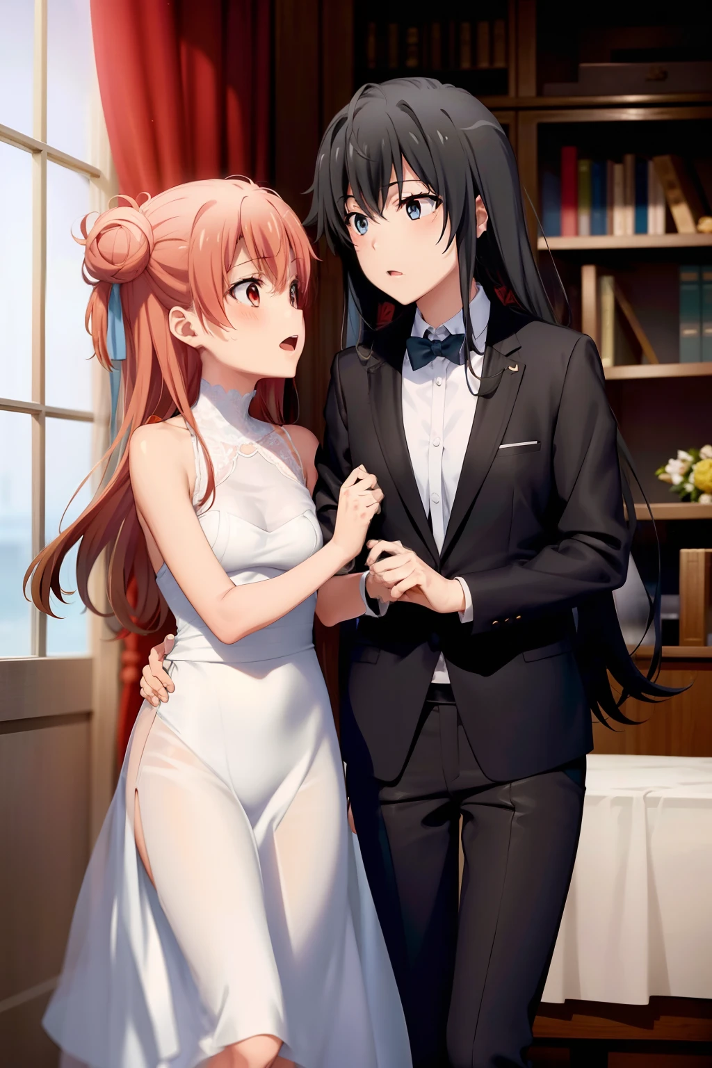 2 girls, Yuri, Yukino marries his wife Yui, Yukino wears a tuxedo suit and leggings, Yui wears the bride's dress, Lesbian