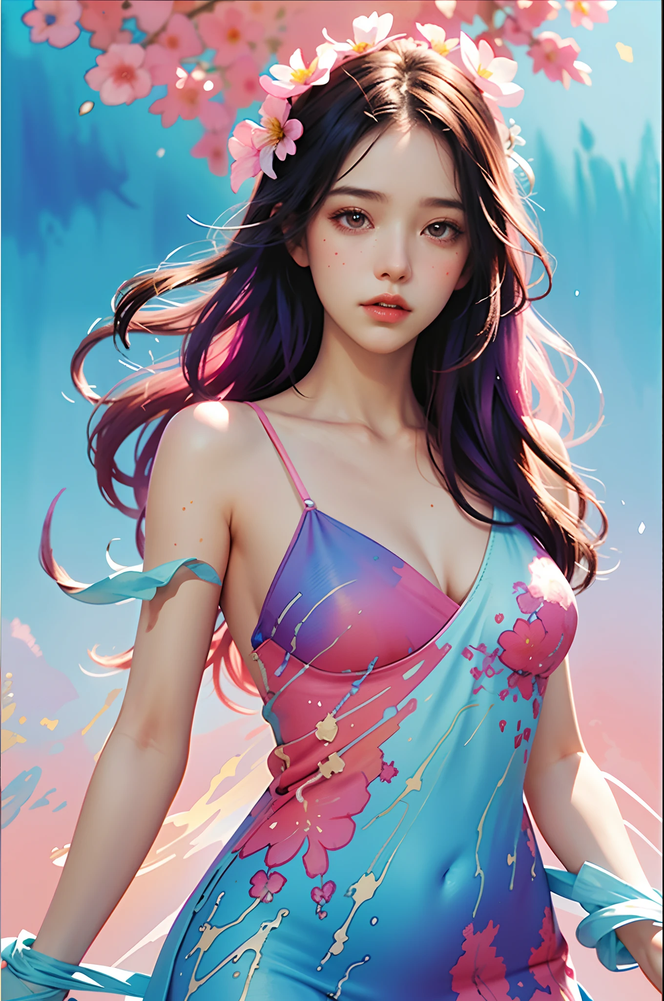 ((Wet clothes)), ((Bath)), ((Swimsuit), ((Bust)), (Flowers on the head), (Seven-colored hair)), (((Rain)), ((Watermelon)), (Balloon)), (Dynamic Angle)), (Escort)
