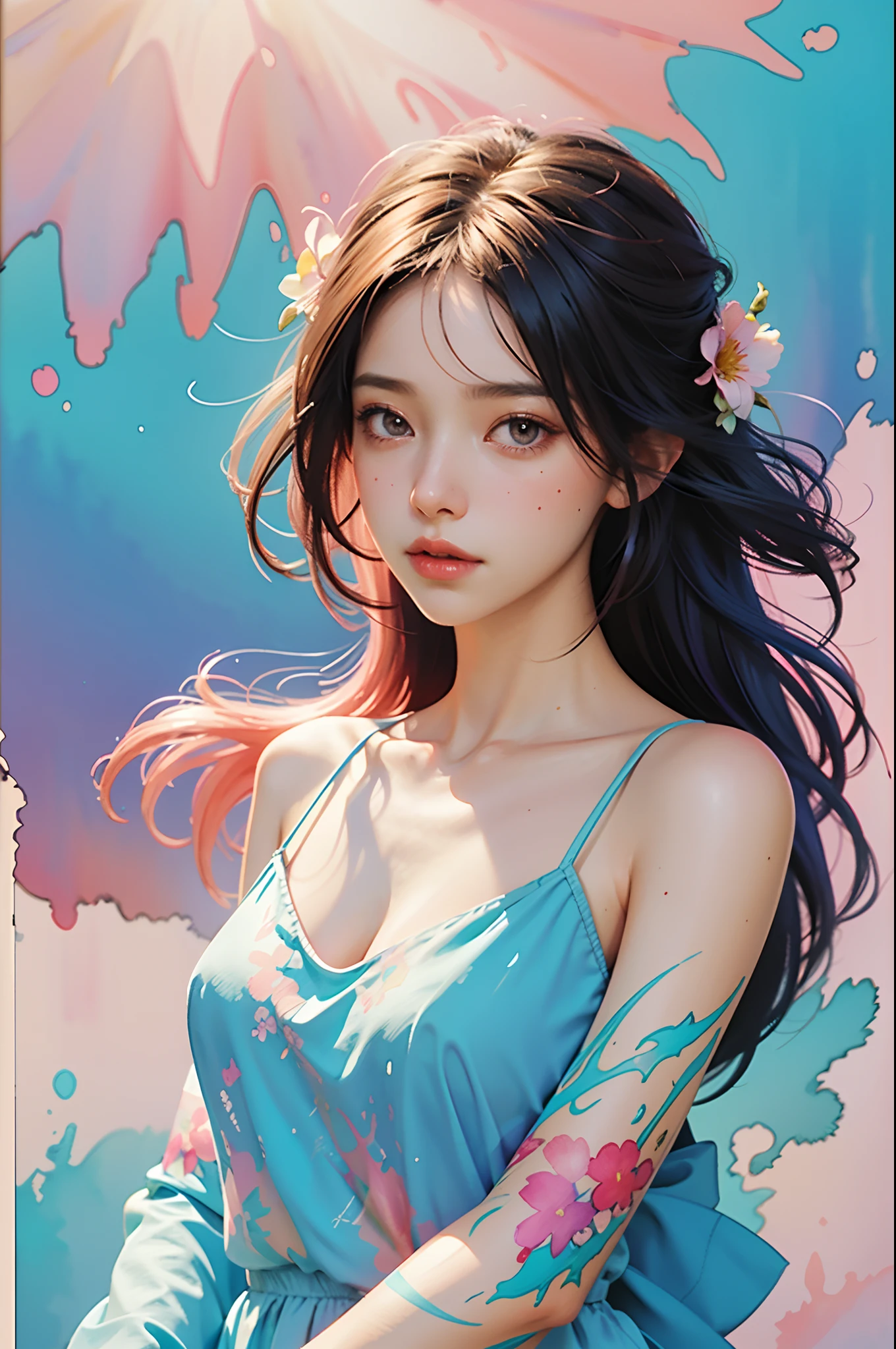 1girls,floral, Lycianthus ,In light pink and light blue styles.., Dreamy and romantic composition.., Light Pink, Intangible slip, Fun arrangement,fantasy, high contrast, Ink strokes, explosions, Over touch, Impression of purple and red tones , abstract, ((Watercolor paintings by John Berkey and Jeremy Mann )) brush stroke, Negative Space,