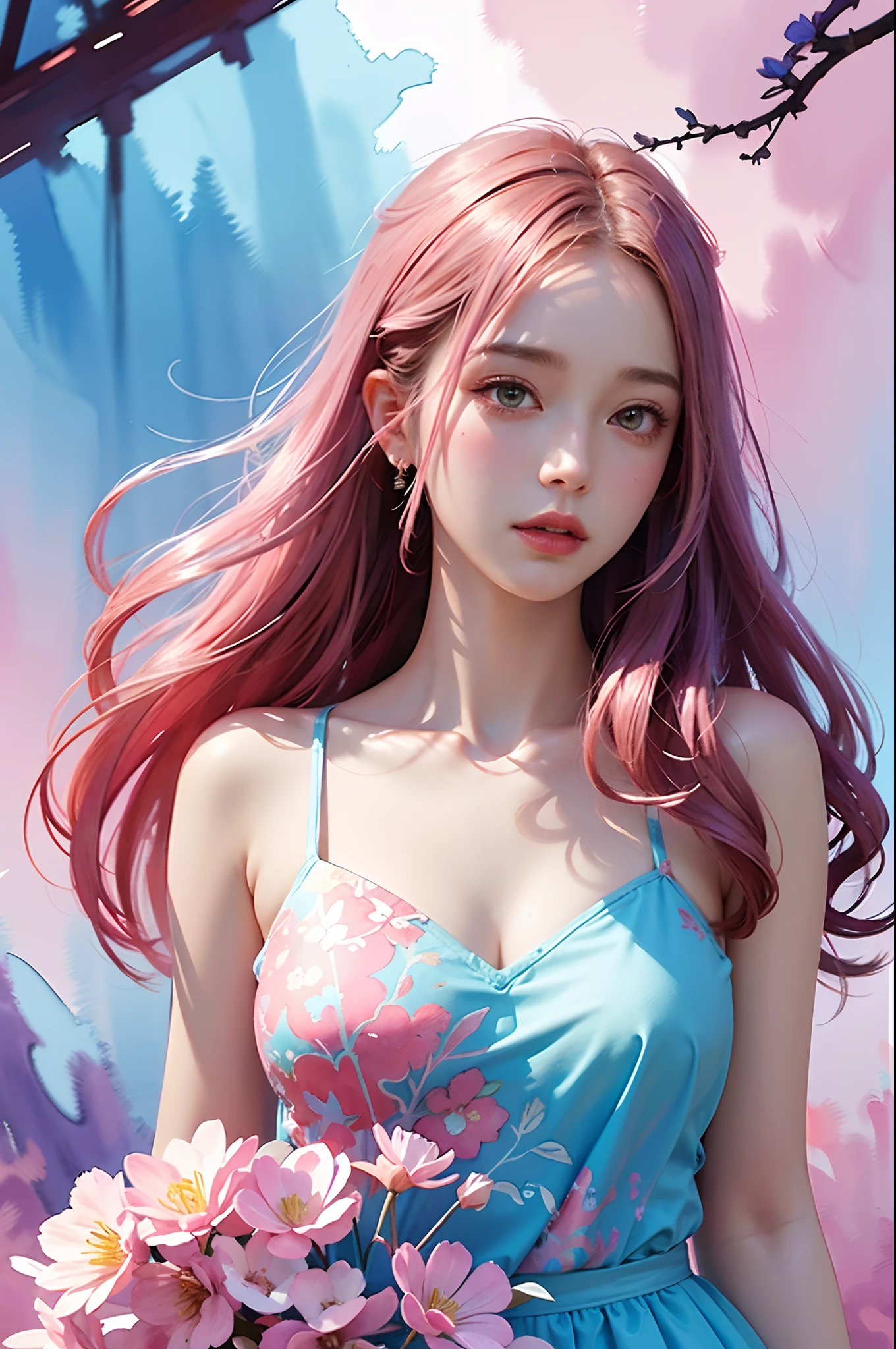 1girls,floral, Lycianthus ,In light pink and light blue styles...., Dreamy and romantic composition...., Light Pink, Intangible slip, Fun arrangement,fantasy, high contrast, Ink strokes, explosions, Over touch, Impression of purple and red tones , abstract, ((Watercolor paintings by John Berkey and Jeremy Mann )) brush stroke, Negative Space,