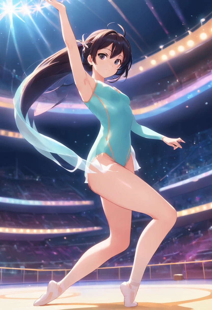 Standing with one leg raised high、No panties、 genitals are showing through、Glossy pure white rhythmic gymnastics leotard、sexy  pose、no-bra、huge tit、Shiny black long hair、Shameful、Rhythmic gymnastics arena