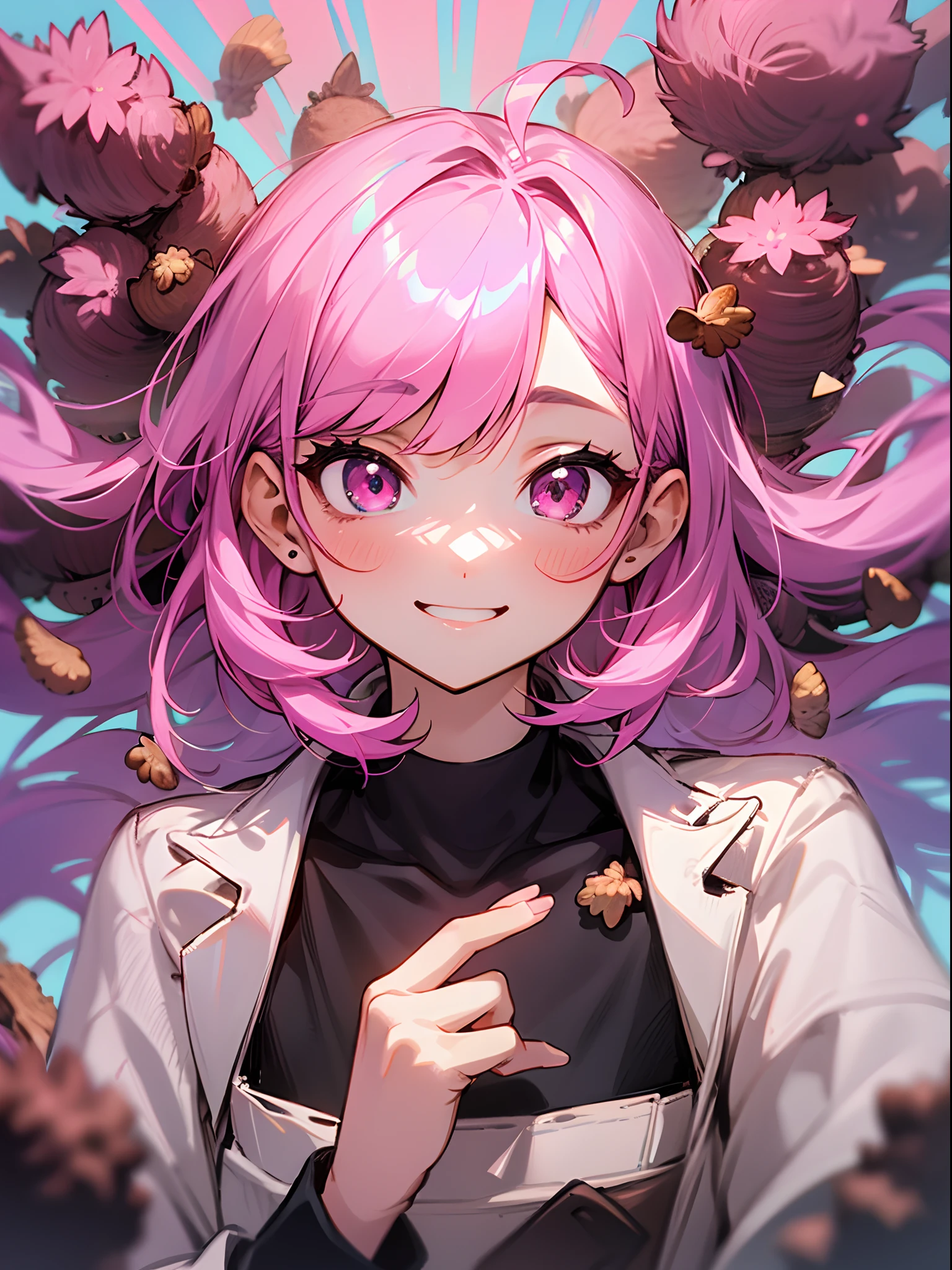 girl、Pink hair、Pink eyes、looking at the viewers、laugh、Both nostrils contain acorns
