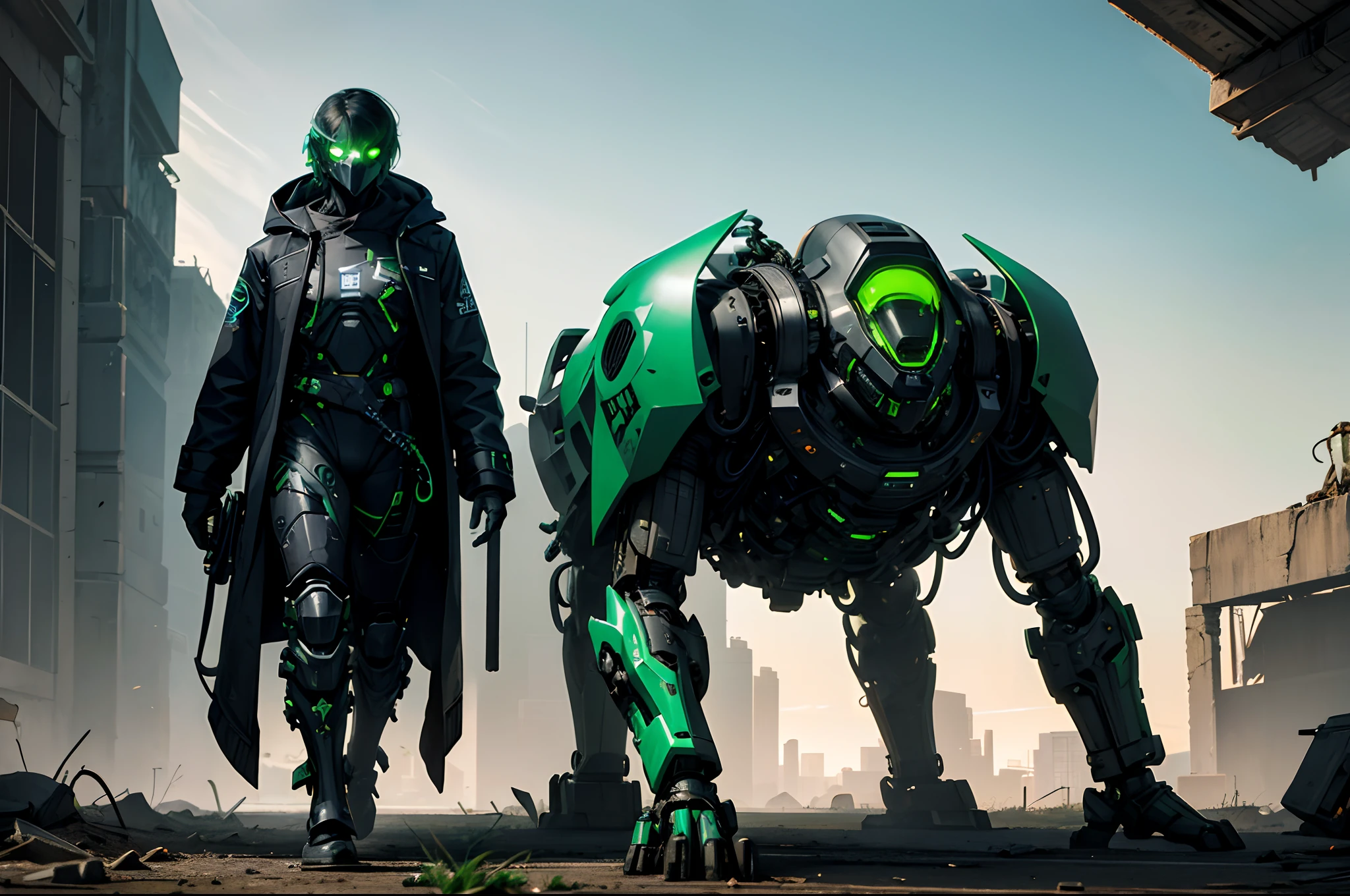 A cyborg with glowing green implants and a mechanical exoskeleton stands in front of a ruined, post-apocalyptic landscape, their face obscured by a black, leather hood. Their body is a mix of human and machine, with visible wiring and circuits beneath the surface.