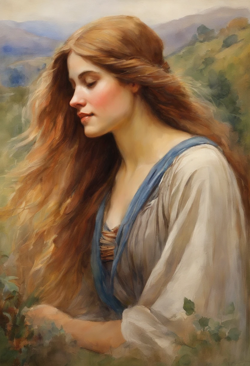 william waterhouse style painting of pretty peasant girl with long flowing hair