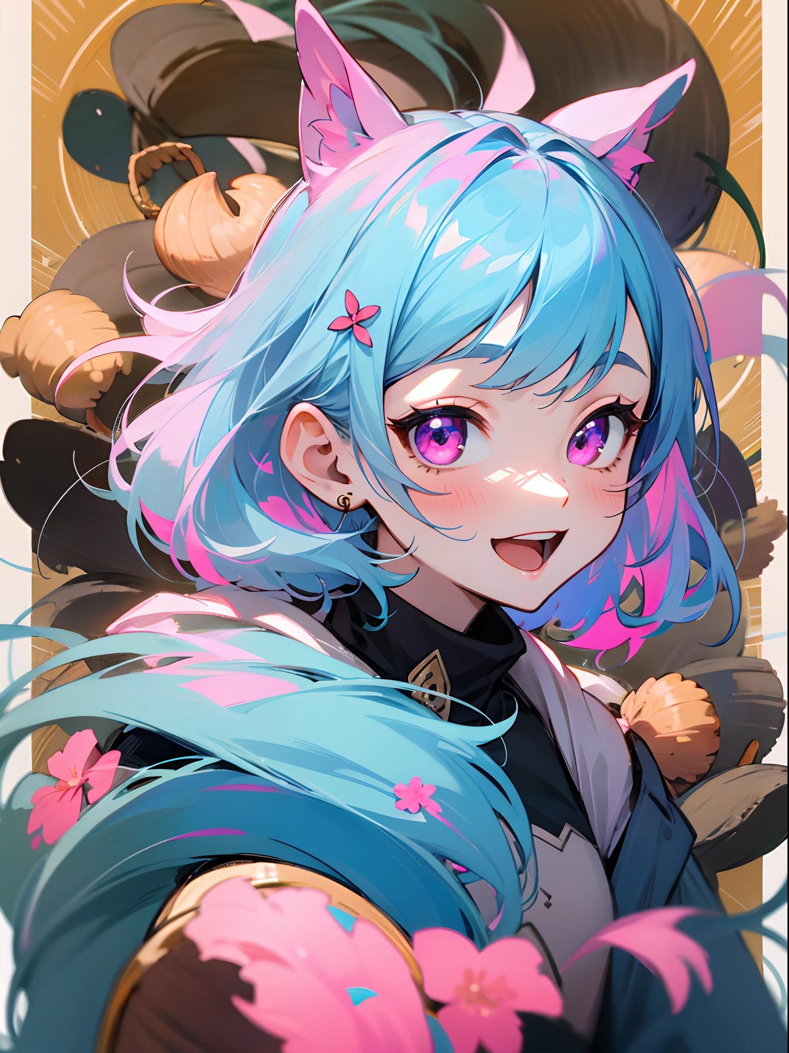 girl、lightblue hair、Pink eyes、looking at the viewers、Laugh、Acorns in both nostrils