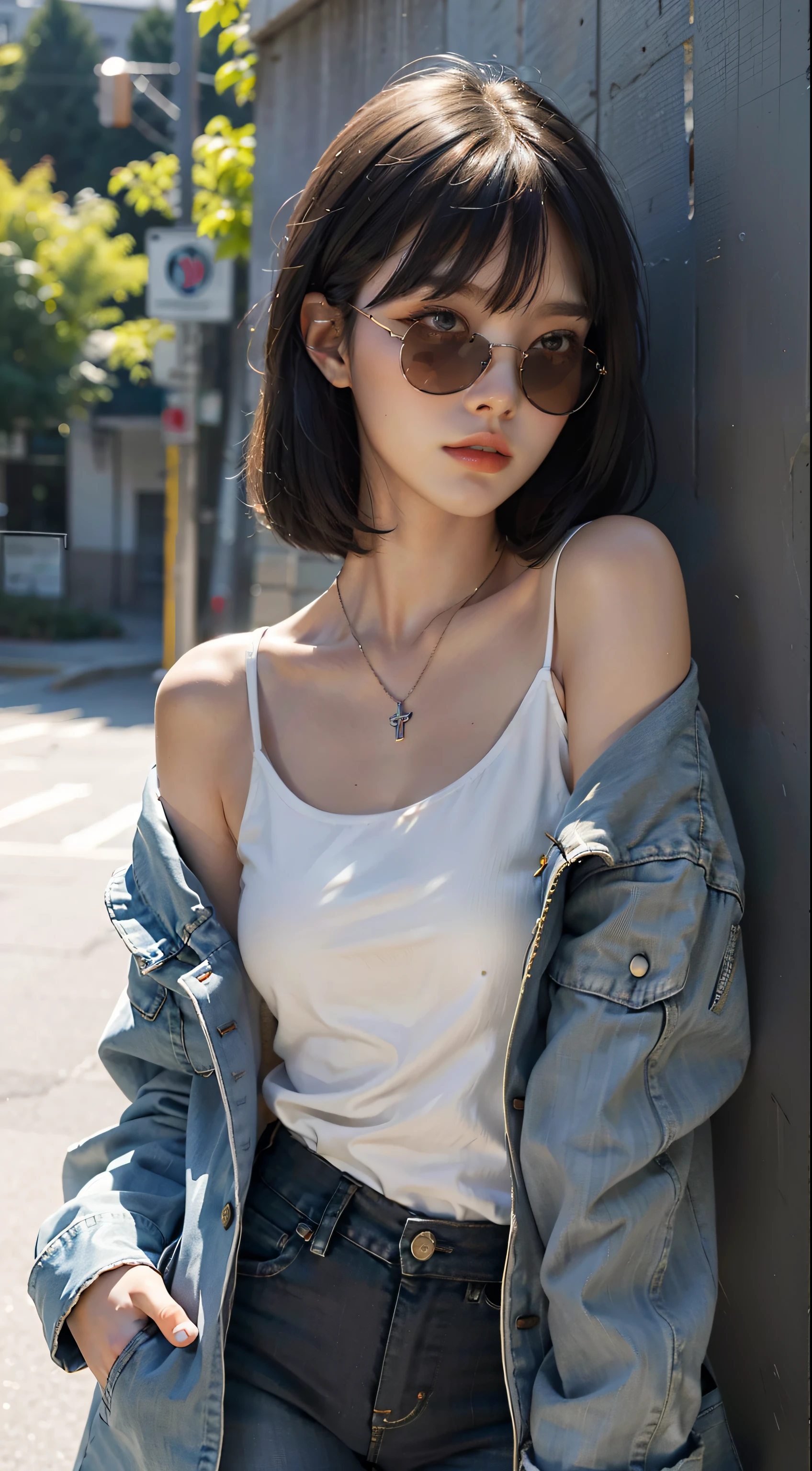 young woman black bangs hair, look at viewer, wearing sunglasses, sexy face expression, kawai, pov, 24 years old, bright eye, pastel art, bare shoulder, jacket,  legs up, long wreaked jeans, high detail eyes make up, necklace, stand beside wall, sunlight, dinamic light, cute detailed digital art, exquisite digital, highly detailed digital painting, cgsociety, ultrarealistic