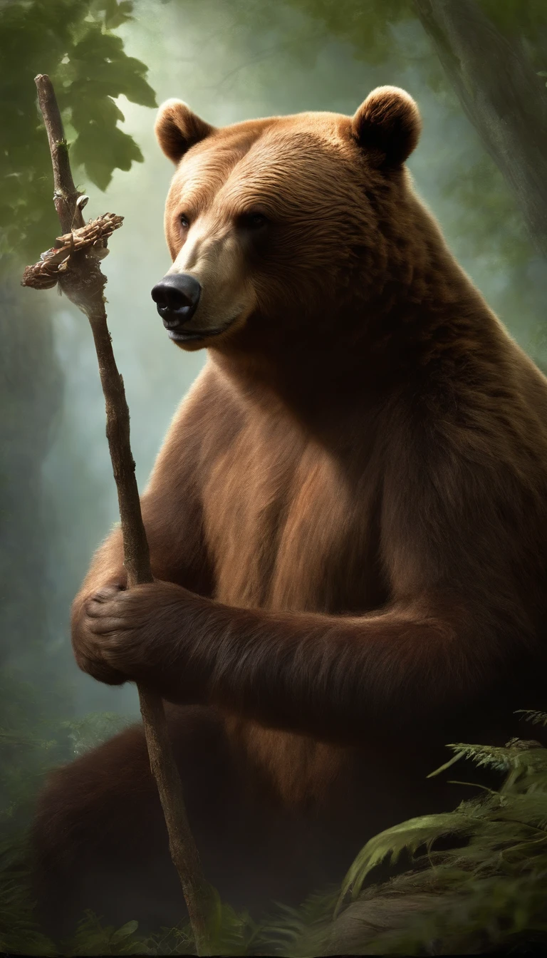 Classic negative portrait photo, arte conceitual de personagem de videogame de fantasia, A cute docile brown bear with a stick poking a hive in the forest, Dungeons and Dragons, fantasia, rio, neblina, halo, Bloom, dramatic atmosphere, filme de fantasia sombria dos anos 1970, centrado, thirds rule