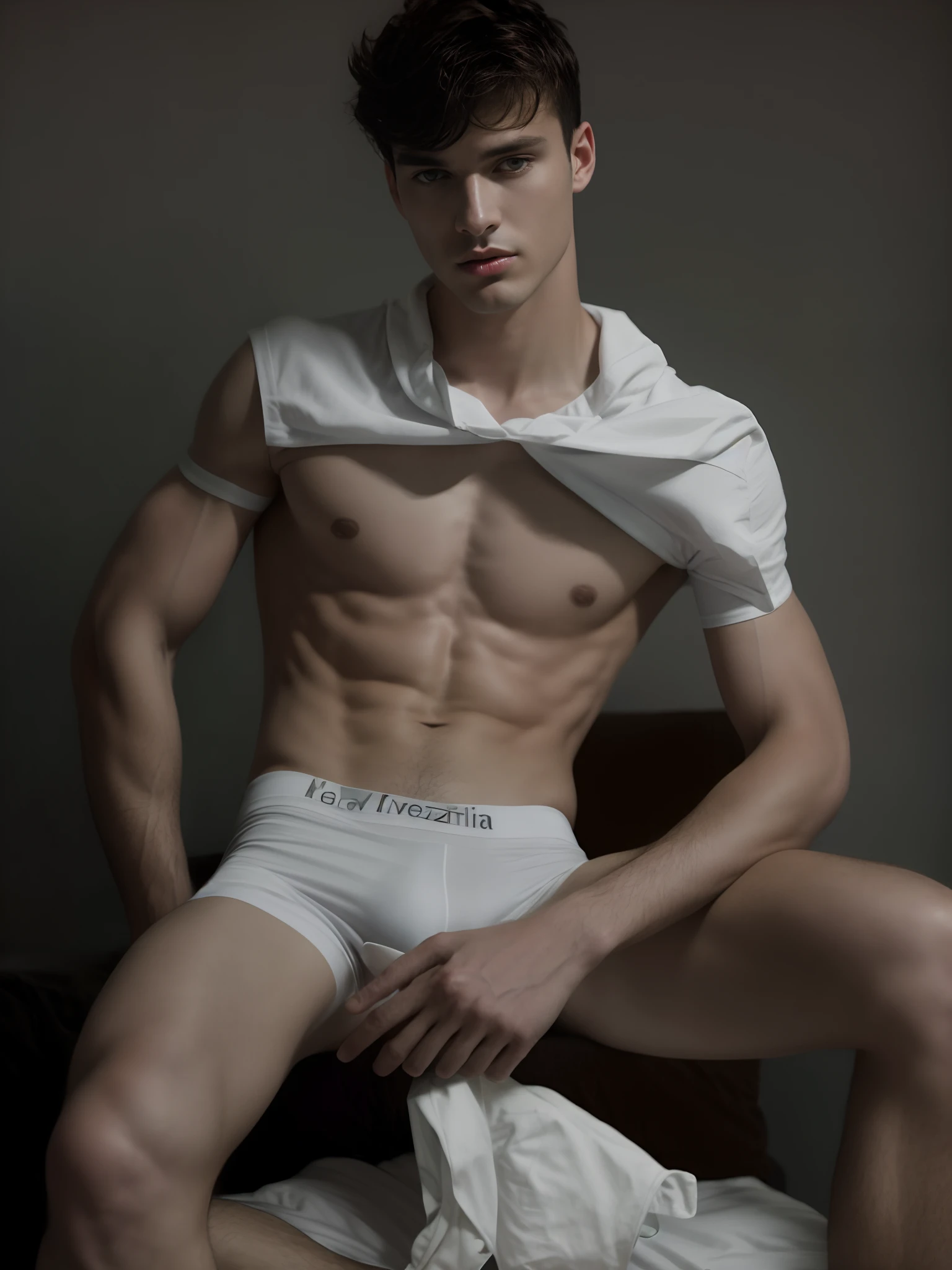 Alafeld male model in white shirt and white underwear sitting on bed, Male model, editorial model, very very roberto ferri, steven klein, underwear ad, thin young male, inspired by Adrian Zingg, alex kanevsky, Danila Tkachenko, Melt Arras and Marcus Pigot, Open V chest clothes, vman magazine, Smooth pale skin