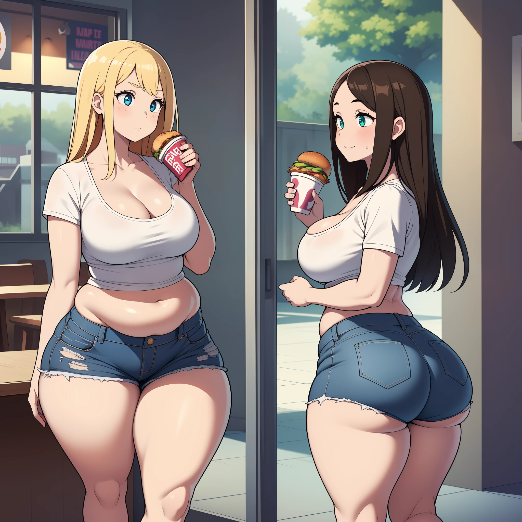 ((highres)), Masterpiece, high quality, best quality, beautiful, perfect lighting, detailed face, ultra cute face, ((2girls)), one girl has blonde hair, blue eyes, crop top and shorts skindentation, one girl has brown hair, green eyes, jeans, white shirt, tight clothes, full body, fast food restaurant, medium breasts, perky breasts, cleavage, ((wide hips)), ((thick thighs)), ((ass)), ((chubby)), pudgy belly, fat folds, standing, from side,