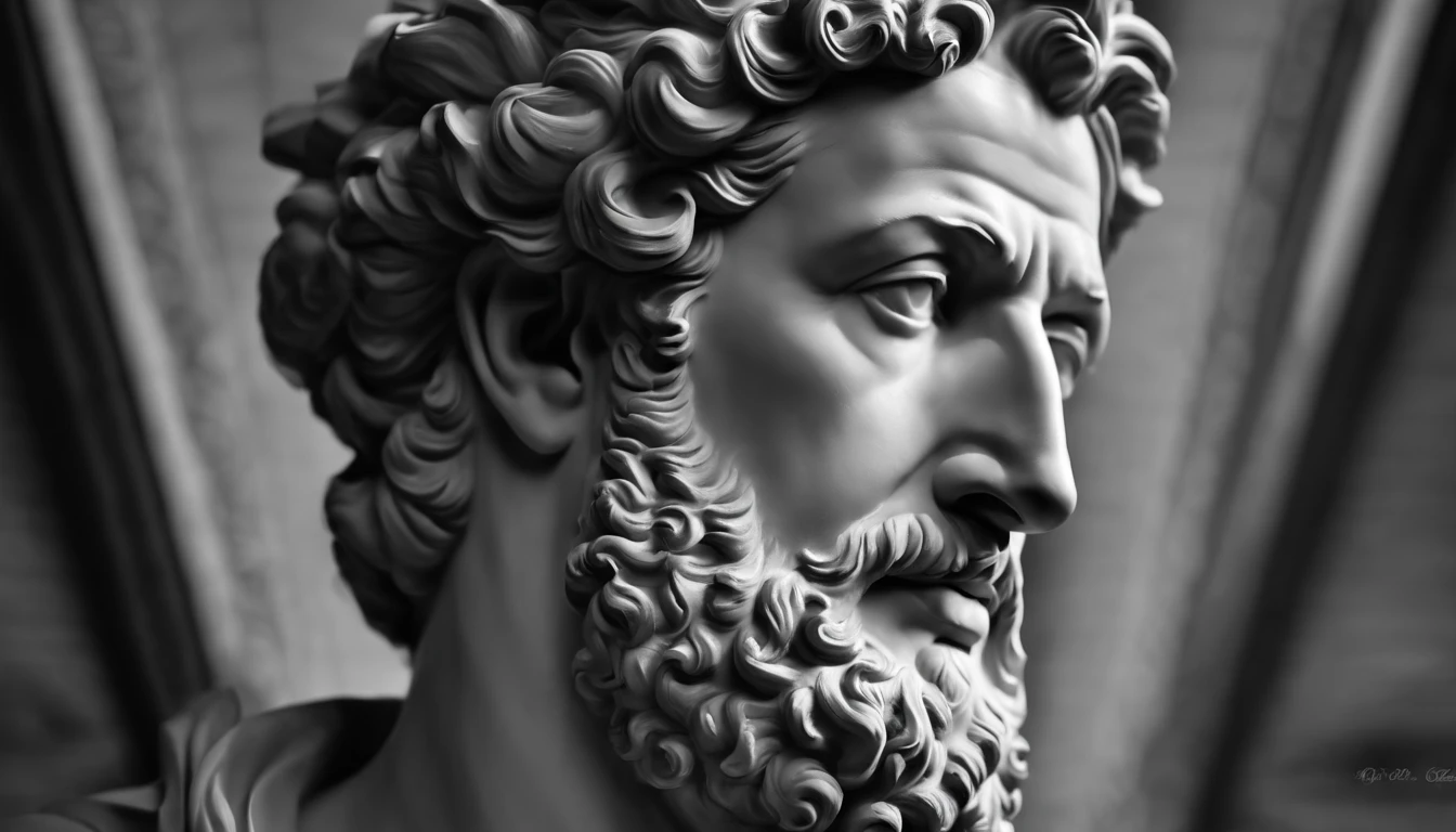 a portrait statue of the stoic Marcus Aurelius in black and white 4K,Face de lado, papel de parede super realista, corpo, forte, barriga forte, musculoso