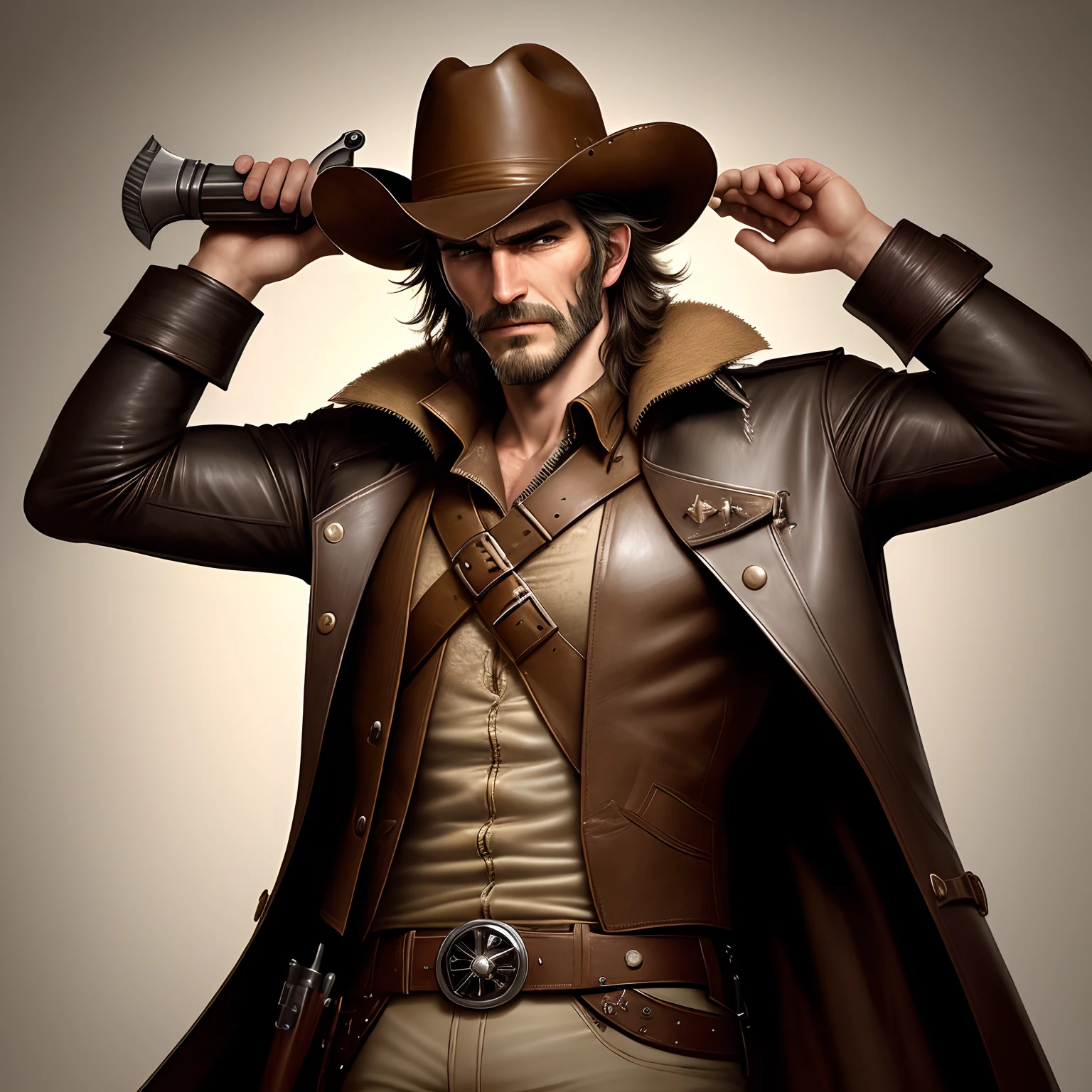 1 Tall scruffy man, cowboy, scarred face, leather duster coat, revolver