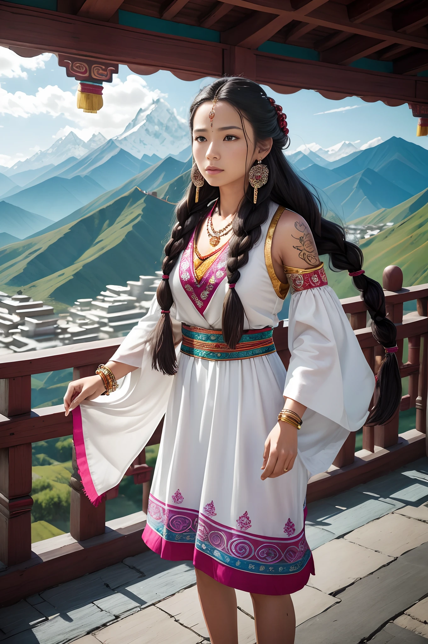 (dramatic, gritty, intense:1.4),masterpiece, best quality, 8k, insane details, intricate details, hyperdetailed, hyper quality, high detail, ultra detailed, Masterpiece,,bestquality,highdefinition,huadan,bestquality,masterpiece,highres,,(full body:1.5),depth of field,blurry,blurry background,fringe trim,bracelet,layered sleeves, puffy sleeves,,solo focus,1girl,solo,jewelry,very long hair,hair ornament,earrings,black hair,forehead mark,facial mark,wind,mole under eye,bracelet,beads,scarf ,tattoo,,braid,multiple braids,floating hair,blue eyes,,in Tibet, Potala Palace, awe-inspiring view, standing, arms wide open,amazed expression, long flowing hair, traditional Tibetan braids,rosy cheeks, wearing a vibrant Tibetan dress,adorned with colorful patterns and intricate embroidery, silver jewelry, turquoise necklace, peaceful surroundings, Himalayan mountains in the background, prayer flags fluttering in the wind, golden sunlight illuminating the palace, spiritual quest, sense of tranquility, sacred atmosphere, cultural heritage, architectural marvel.,