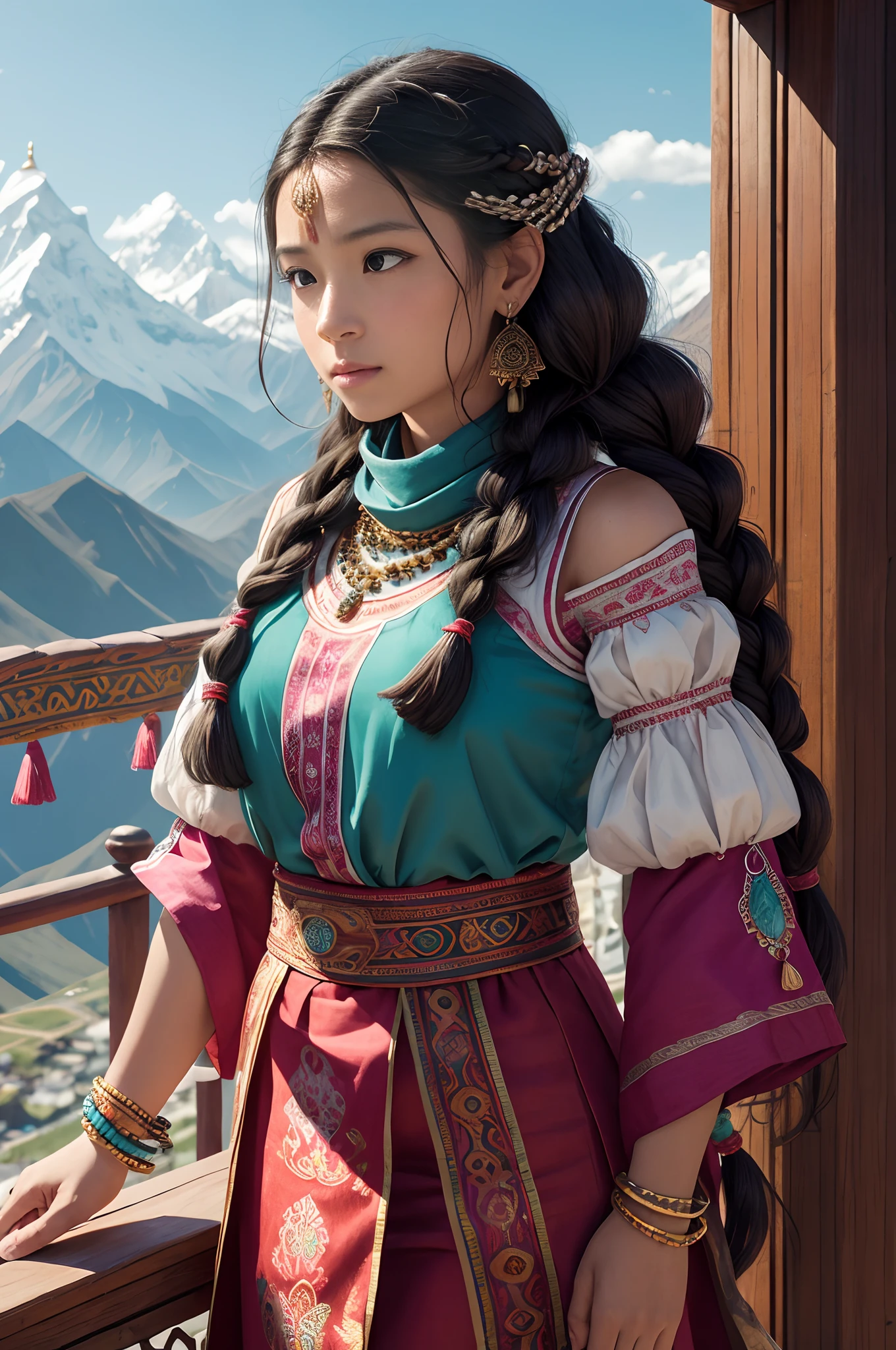 (dramatic, gritty, intense:1.4),masterpiece, best quality, 8k, insane details, intricate details, hyperdetailed, hyper quality, high detail, ultra detailed, Masterpiece,,bestquality,highdefinition,huadan,bestquality,masterpiece,highres,,(full body:1.5),depth of field,blurry,blurry background,fringe trim,bracelet,layered sleeves, puffy sleeves,,solo focus,1girl,solo,jewelry,very long hair,hair ornament,earrings,black hair,forehead mark,facial mark,wind,mole under eye,bracelet,beads,scarf ,tattoo,,braid,multiple braids,floating hair,blue eyes,,in Tibet, Potala Palace, awe-inspiring view, standing, arms wide open,amazed expression, long flowing hair, traditional Tibetan braids,rosy cheeks, wearing a vibrant Tibetan dress,adorned with colorful patterns and intricate embroidery, silver jewelry, turquoise necklace, peaceful surroundings, Himalayan mountains in the background, prayer flags fluttering in the wind, golden sunlight illuminating the palace, spiritual quest, sense of tranquility, sacred atmosphere, cultural heritage, architectural marvel.,