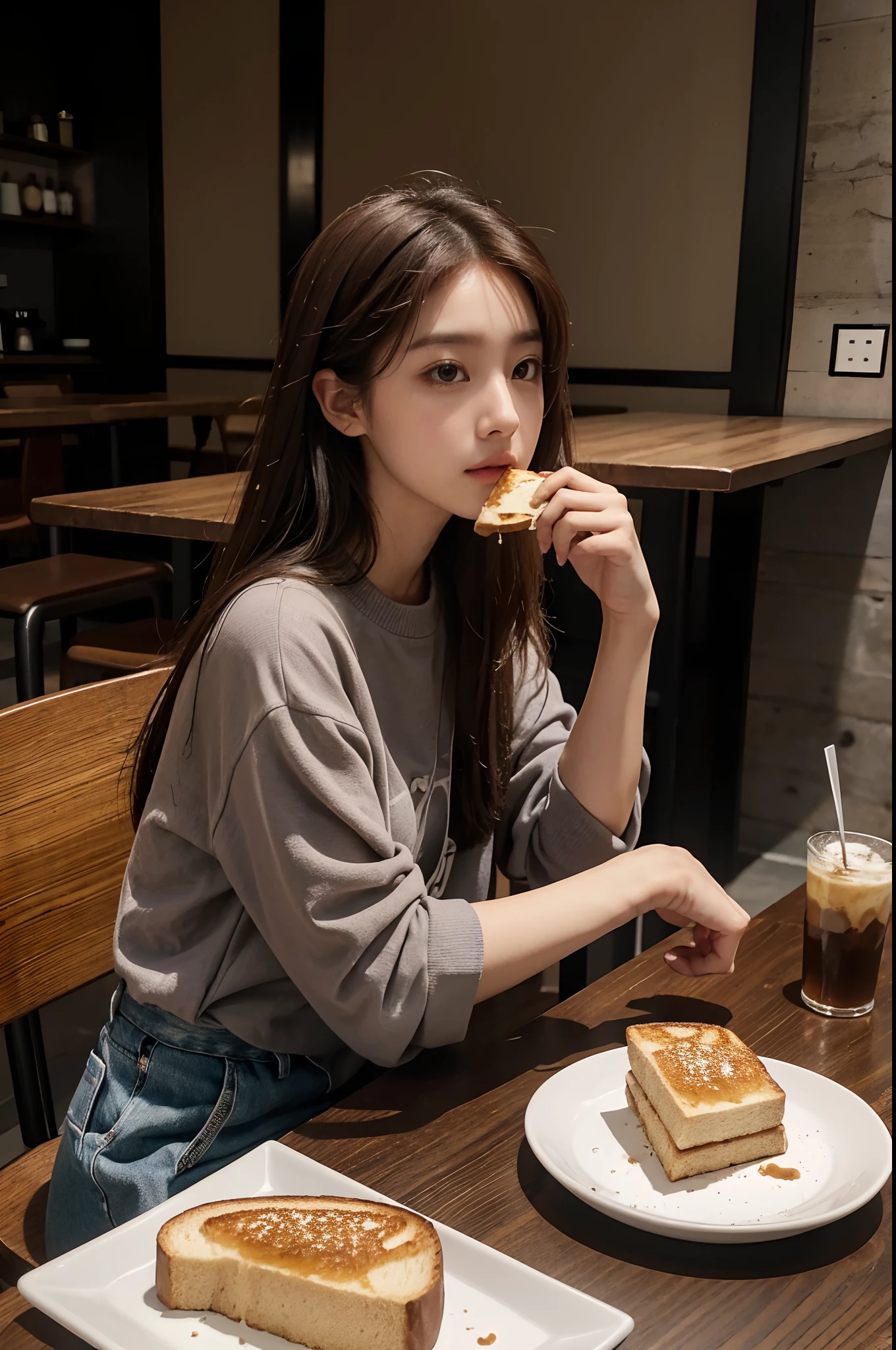 araffe toast on a plate on a table with a woman in a gray shirt, krystal, sitting on a mocha-colored table, mukbang, with brown hair, eating, jisoo from blackpink, pokimane, sitting in a cafe, jisoo of blackpink, dilraba dilmurat, emo girl eating pancakes, toast, casual pose, cute woman