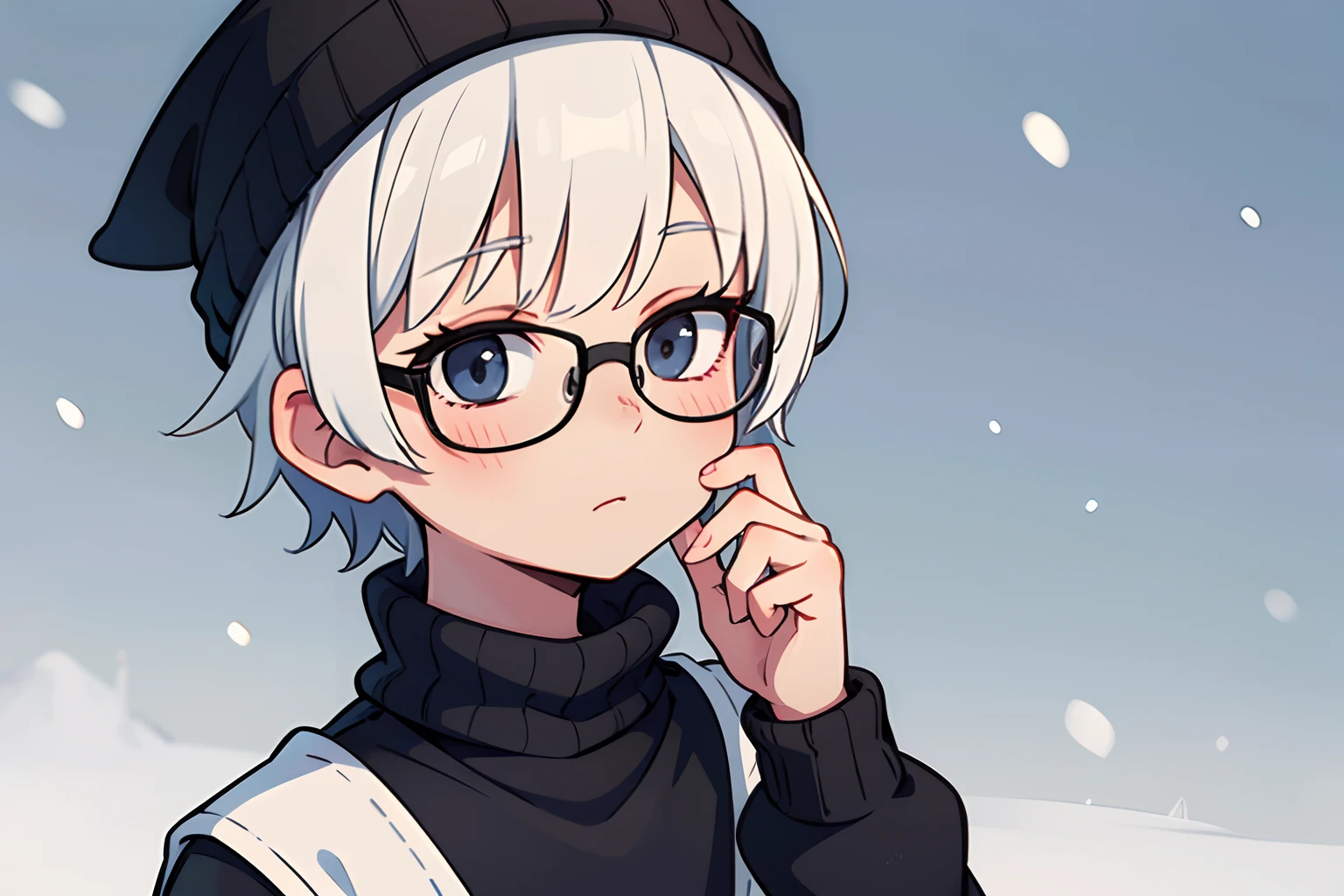 A boy with short white hair wearing a white mix with black sweater and a black beanie with a glasses being cold in a snow background