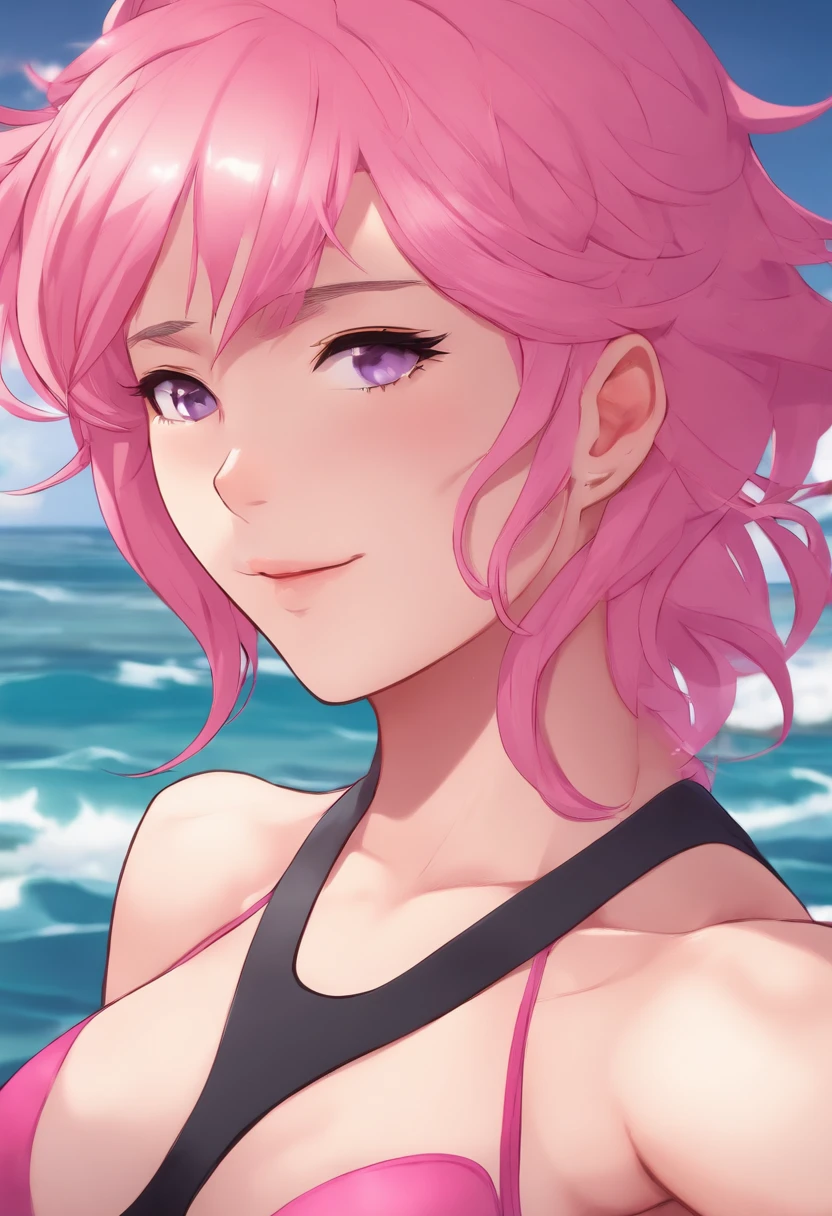 Anime women with pink hair and swimsuit that works out and is really really buff and muscular doing excercises