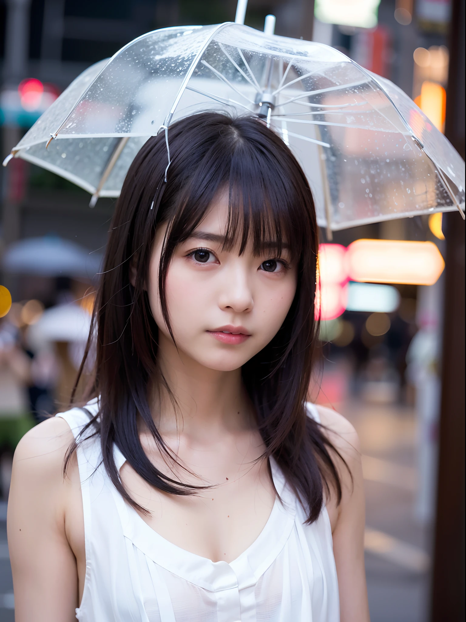 女の子1人、on tokyo street、A city scape、night cityscape、Neon Street、Rain at night、Rain-drenched body、The upper part of the body、a closeup、A smile、、(8K、Raw photography、top-quality、​masterpiece:1.2)、(realisitic、photoRealstic:1.37)、Highly detailed eyelash drawing、Sateen、Japan student、Bra white shirt looks wet and see-through in the rain、(((Top image quality))),Small、Fine skin, (Beautiful hair), (Perfect Anatomy), (Realistic), (Dynamic Angle), Pose Seductive,Perfect,Sensual look、top-quality、hight resolution、