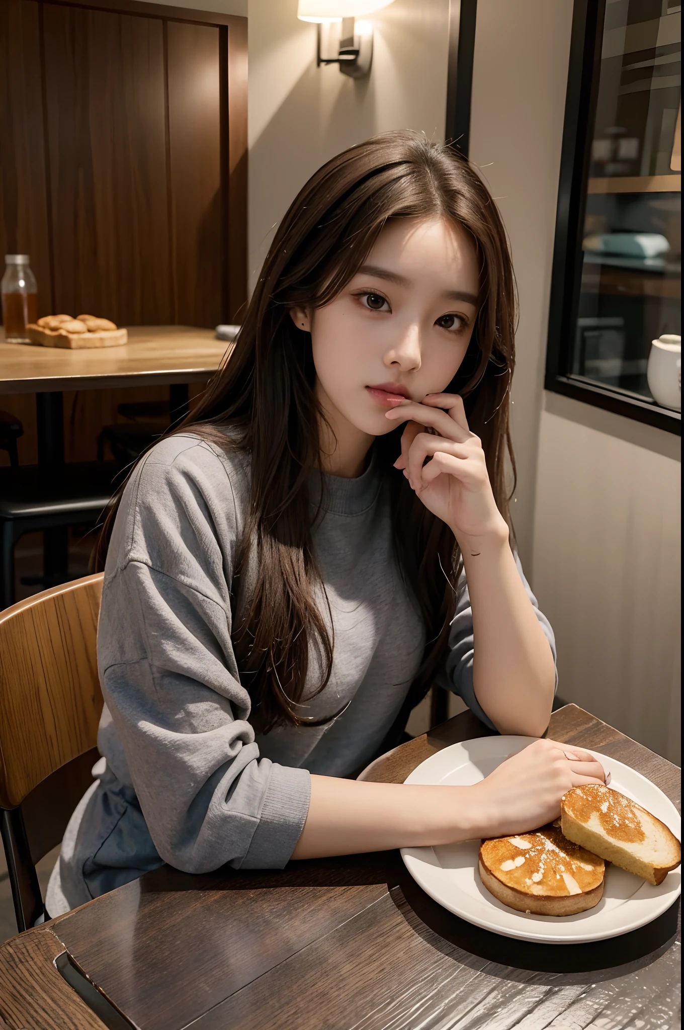 araffe toast on a plate on a table with a woman in a gray shirt, krystal, sitting on a mocha-colored table, mukbang, with brown hair, eating, jisoo from blackpink, pokimane, sitting in a cafe, jisoo of blackpink, dilraba dilmurat, emo girl eating pancakes, toast, casual pose, cute woman