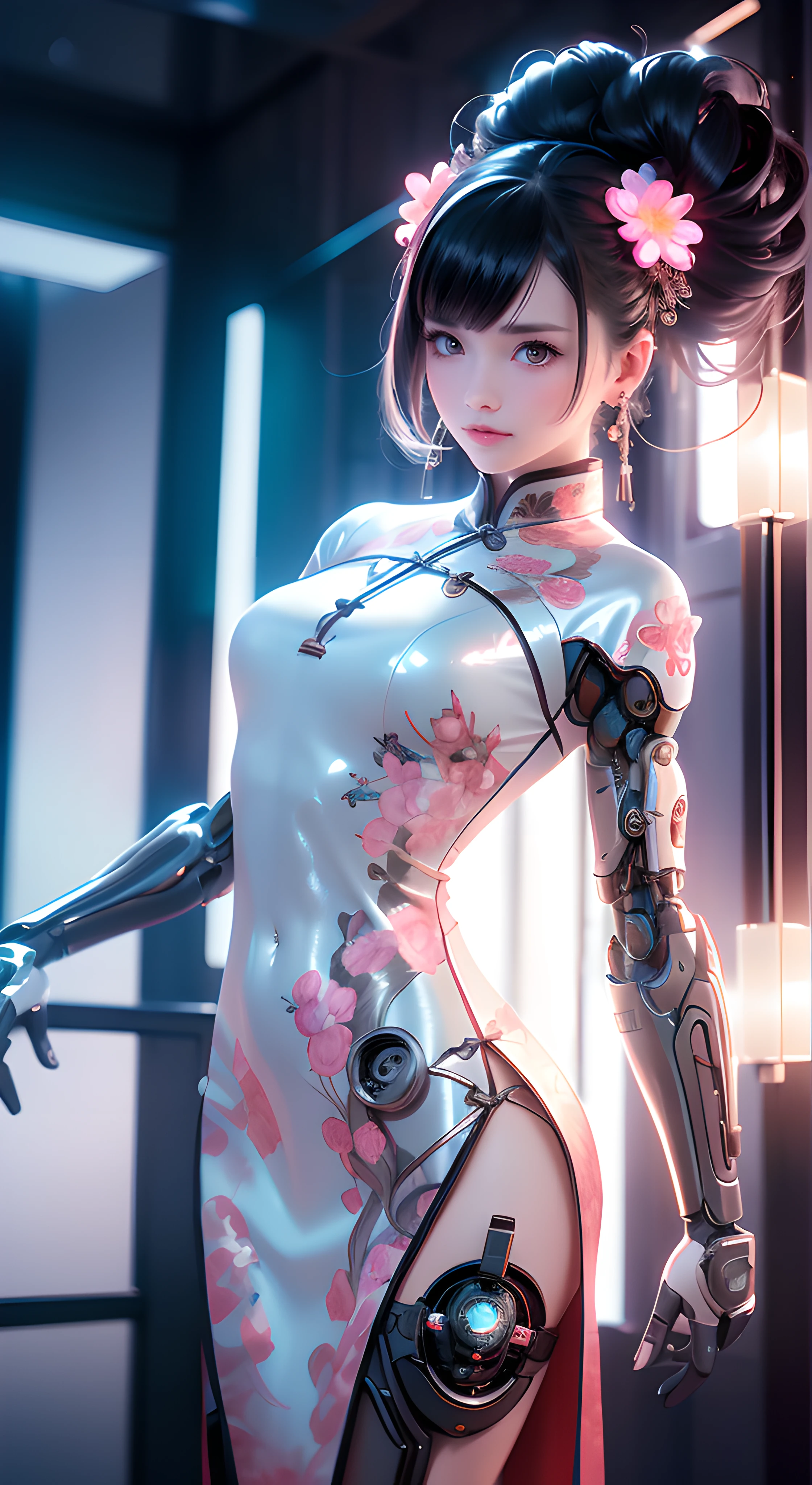 mechanical prosthetics,colorful,cyberpunk,skyscraper,city,alley,night,moon,beautiful detailed sky,best quality,Amazing,delicate,masterpiece,ultra high res,ultra detailed,highly detailed,intricate detail,beautiful detailed,8k resolution,professional lighting,physically-based rendering,cool,sharp focus,incredibly absurdres,cinematic lighting,ray tracing,professional photography,(photorealistic:1.4),Realistic art,(RAW photo:1.4),(extremely detailed CG unity 8k wallpaper),realistic model,(photo realistic:1.4),1girl,solo,milf,dancer,white eyes,fangs,slit pupils,bright pupils,glint,determined,(cyberhanfu:1.2),(glowing colorful floral pattern on cheongsam:1.2),(full of machinery and futuristic element:1.2),futurism,stole,framed breasts,looking at viewer,hair ornament,long hair,floating hair,hair strand,expressive hair,standing,gloves,(glowing floral pattern:1.2)