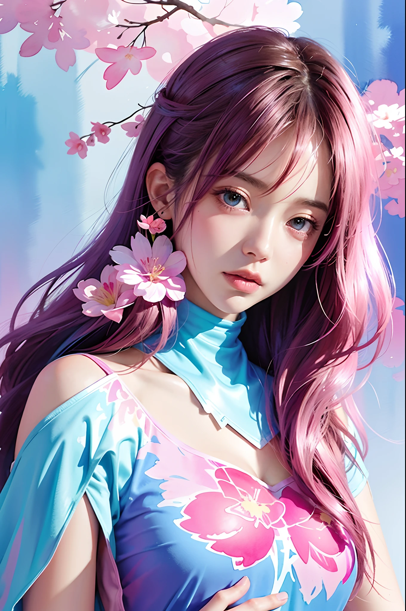 1girls,floral, Lycianthus ,In light pink and light blue styles., Dreamy and romantic composition., Light Pink, Ethereal leaves, Fun arrangement,fantasy, high contrast, Ink strokes, explosions, Over touch, Impression of purple and red tones , abstract, ((Watercolor paintings by John Berkey and Jeremy Mann )) brush stroke, Negative Space,