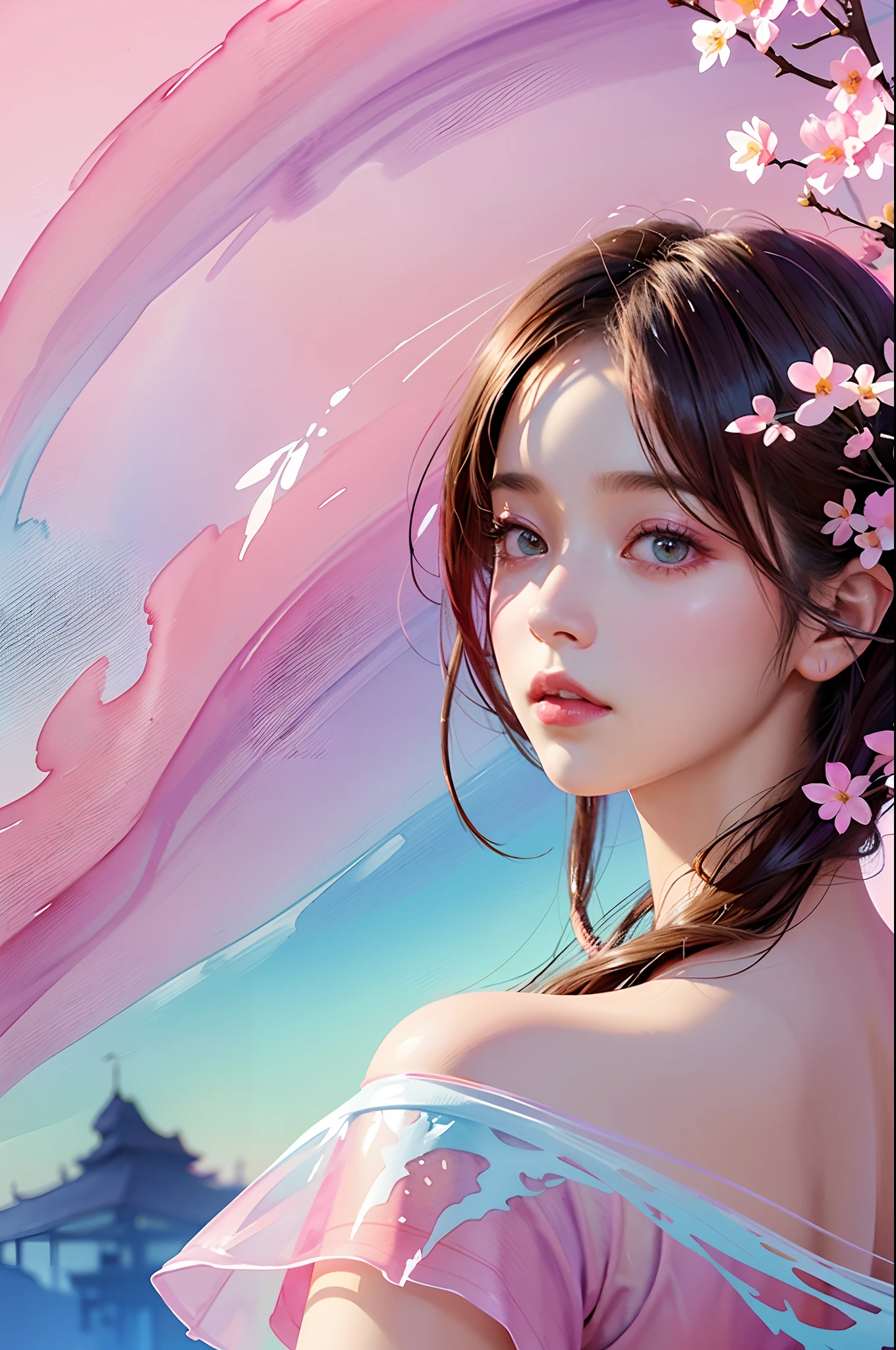 1girls,floral, Lycianthus ,In light pink and light blue styles., Dreamy and romantic composition., Light Pink, Ethereal leaves, Fun arrangement,fantasy, high contrast, Ink strokes, explosions, Over touch, Impression of purple and red tones , abstract, ((Watercolor paintings by John Berkey and Jeremy Mann )) brush stroke, Negative Space,