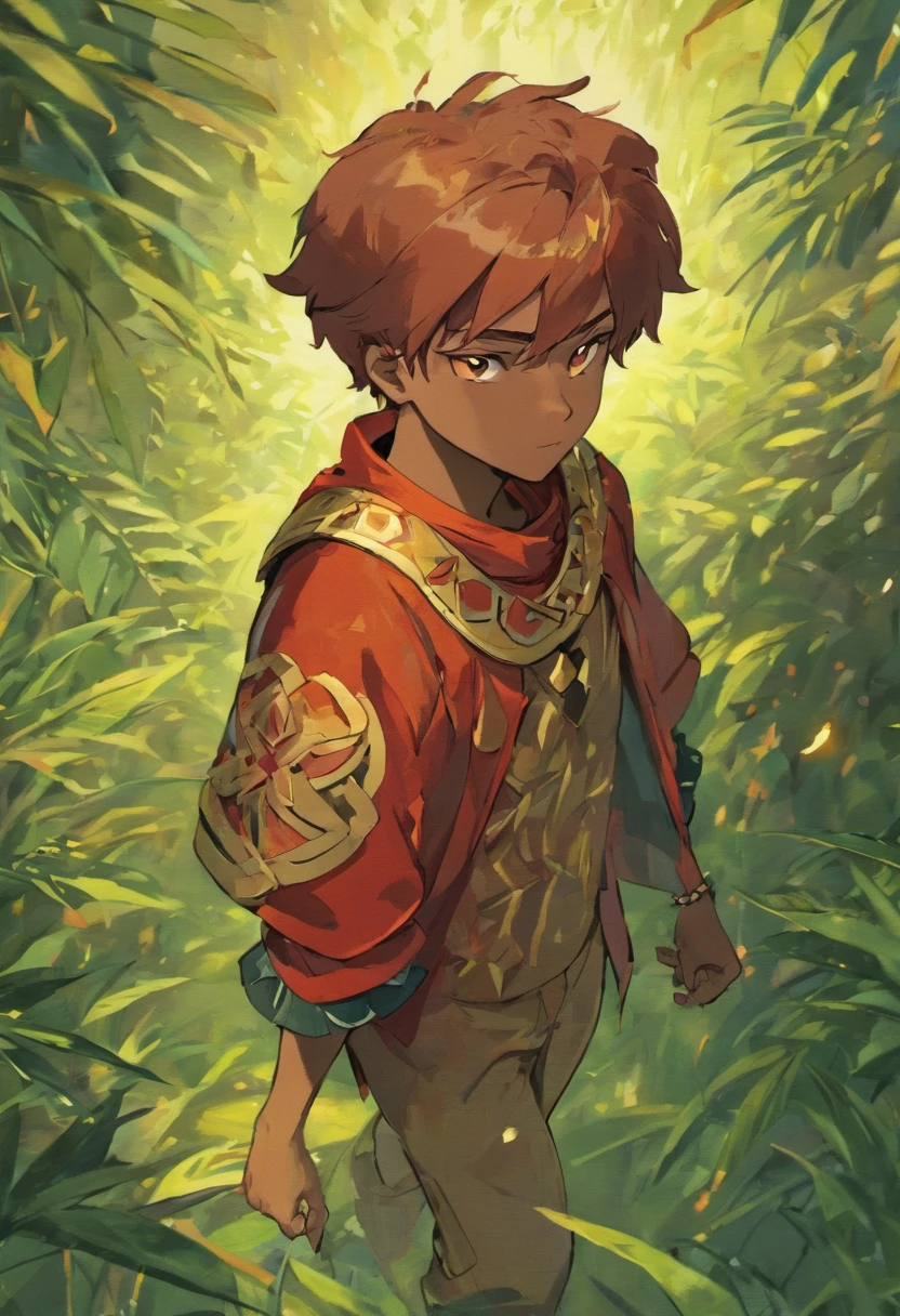 menino africano dos desenhos , brown skin man egyptian prince, l, he has a red hat, vestindo trajes vermelhos, personagem bonito dos desenhos animados, Caractere mesclado, animation character, , One-legged boy only red clothes, using a red burrow backwards, personagem bonito, em uma floresta tropical num dia bonito com poucas nuvens bem iluminado