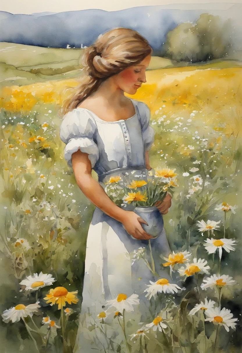 ((masterpiece, , best quality, extremely intricate, william water house peasant girl with pretty facestanding in a field of oxeye daisys