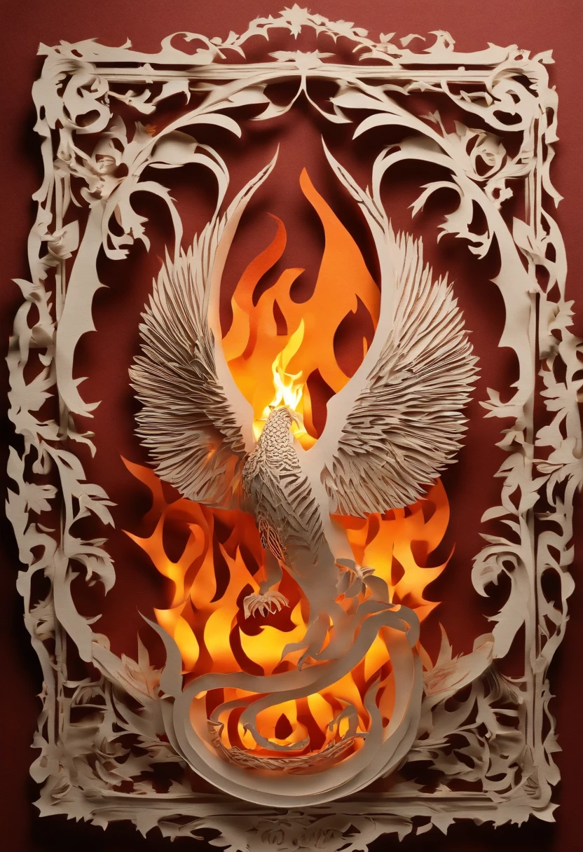 Best Quality, Top image quality, Top resolution, Intricate details, Craftsmanship, (Papercut:1.4), The work of a magician with fire magic, Ring of Fire, Dragon engulfed in flames, Cutting framed paper, Protruding from the flame of the flame, (Actual Paper Burning:1.1), fire, (Real Fire:1.2),bark with a wide open mouth,(Throwing flames through the mouth:1.1)