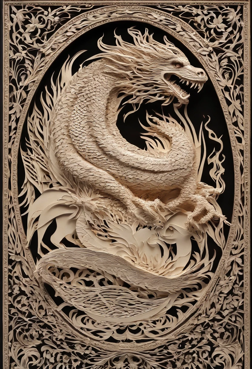 Best Quality, Top image quality, Top resolution, Intricate details, Craftsmanship, (Papercut:1.4), The work of a magician with fire magic, Ring of Fire, Dragon engulfed in flames, Cutting framed paper, Protruding from the flame of the flame, (Actual Paper Burning:1.1), fire, (Real Fire:1.2),bark with a wide open mouth,(Throwing flames through the mouth:1.1)