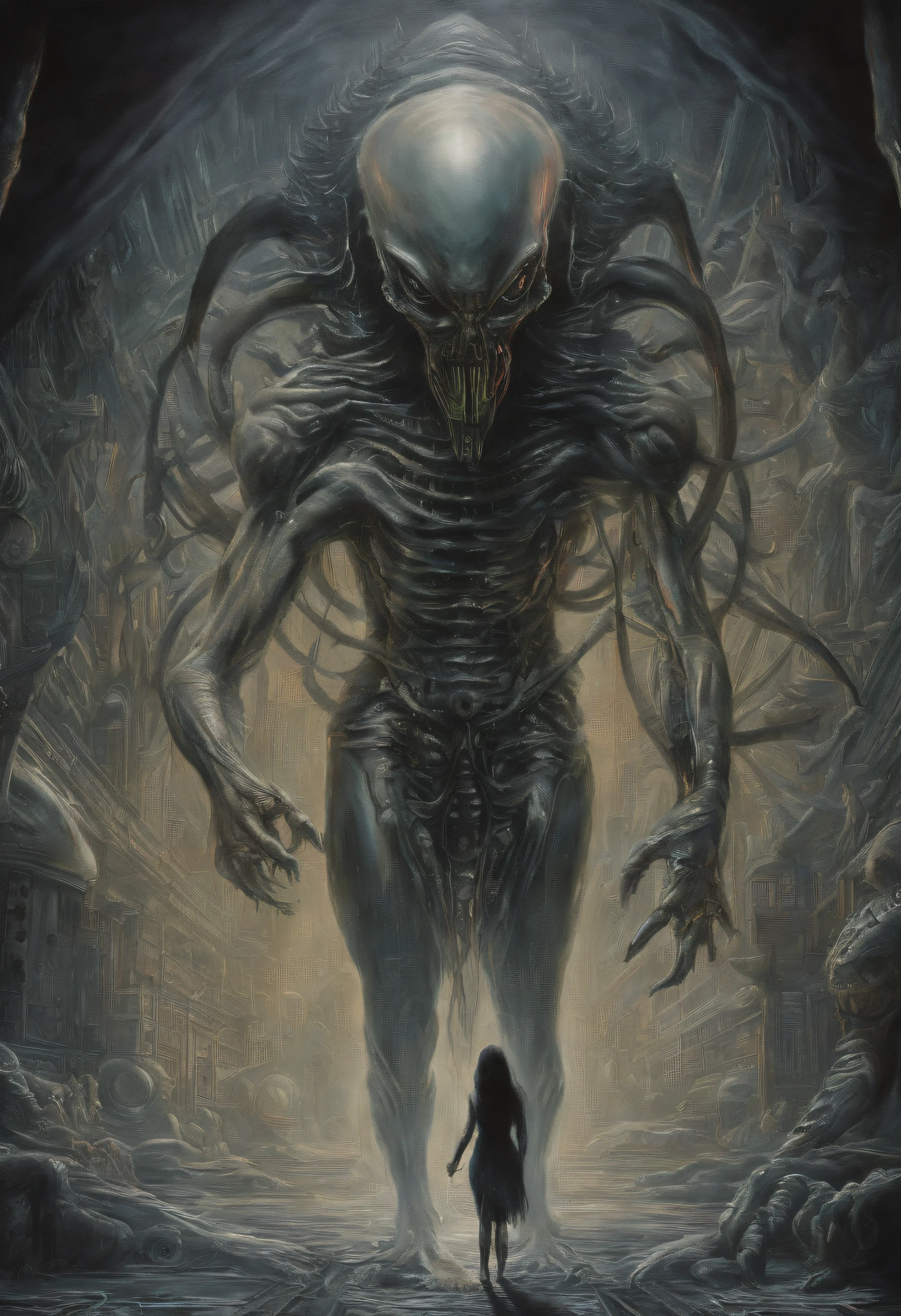 ((best quality)), ((masterpiece)), (detailed), an alien creature, humanoid, gigeresque, pale, milk-white skin, translucent skin, smooth skin texture like a dolphin, no hair, round head, (bulbous head), (xenomorph face), (no eyes), (smooth face), (bright gums) like a shark's mouth, (a long tongue, like an elephant trunk, coming out of the mouth with a squid-like beak at the tip), (protrusions along a skeletal ridged back), (breathing holes on the chest), a tail that splits into three tentacles, long skinny arms that it walks on, where the legs would be is another set of arms that are used for grabbing, H R Giger, Clive Barker's The Thing, xenomorph, necromorph, predator, Engineer, sci fi horror, cosmic horror