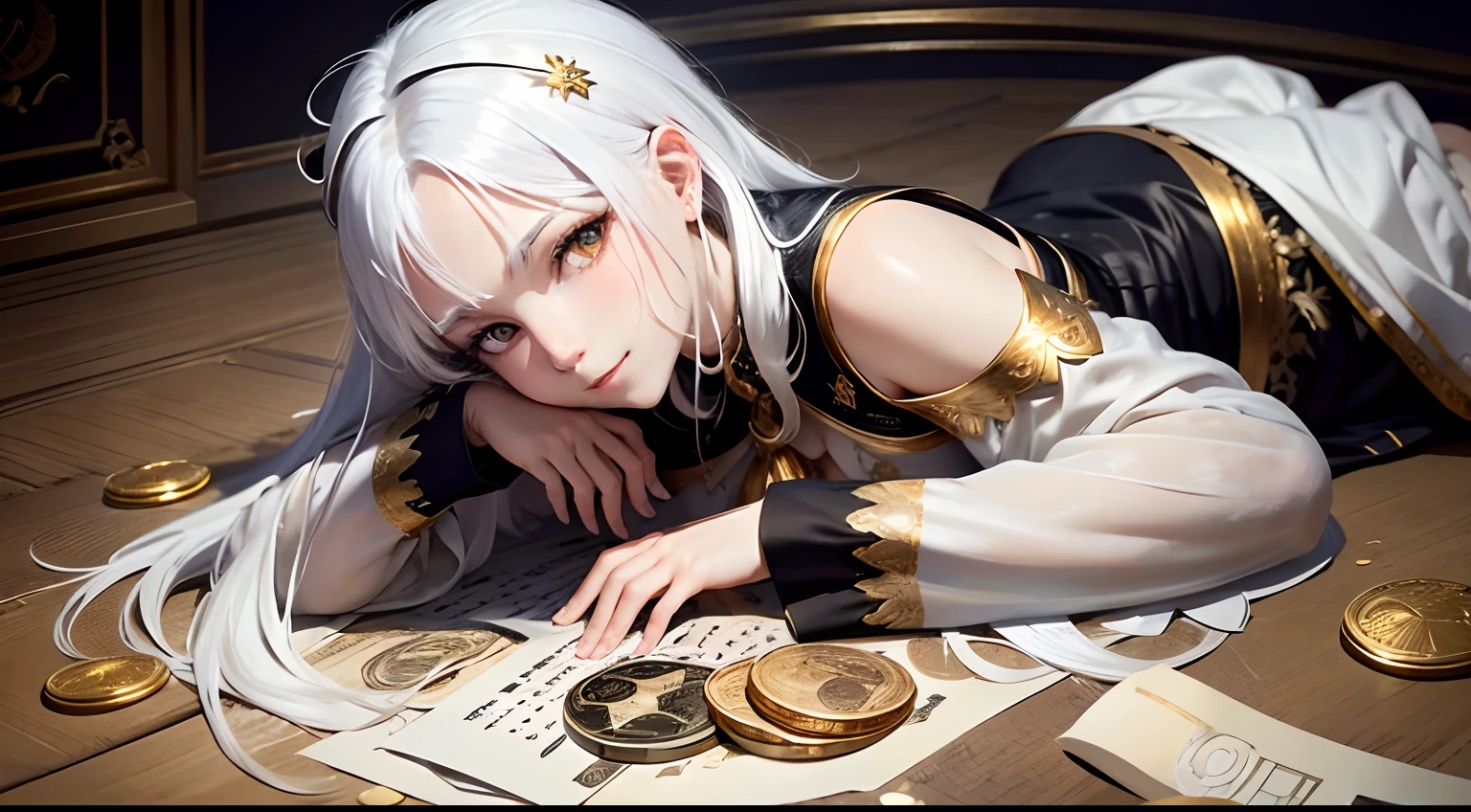best quality, white hair, gold eyes, black clothes, looking up, upper body, hair strand, Fair skin, smiling, Banknotes and coins are scattered, lie down