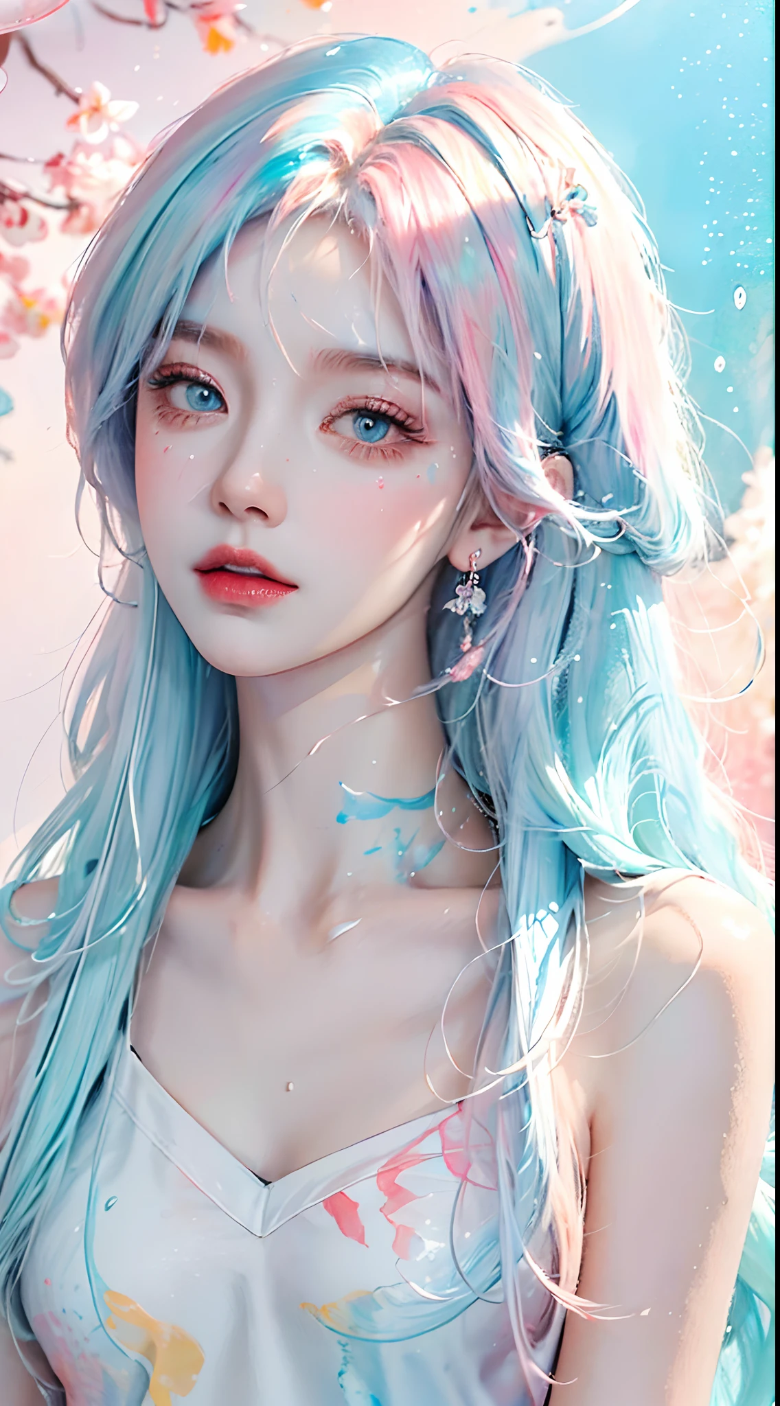 (Masterpiece, Best Quality, High Resolution), White Background, Acrylic Paint, ((Color Splash, Splash of Ink, Color Splash)), Sweet Chinese Girl, Long Light Blue Hair, [Light Blue|Pink] Hair, Curly Hair, Glitter, Peach Lips, White Shirt, Front, Upper Body