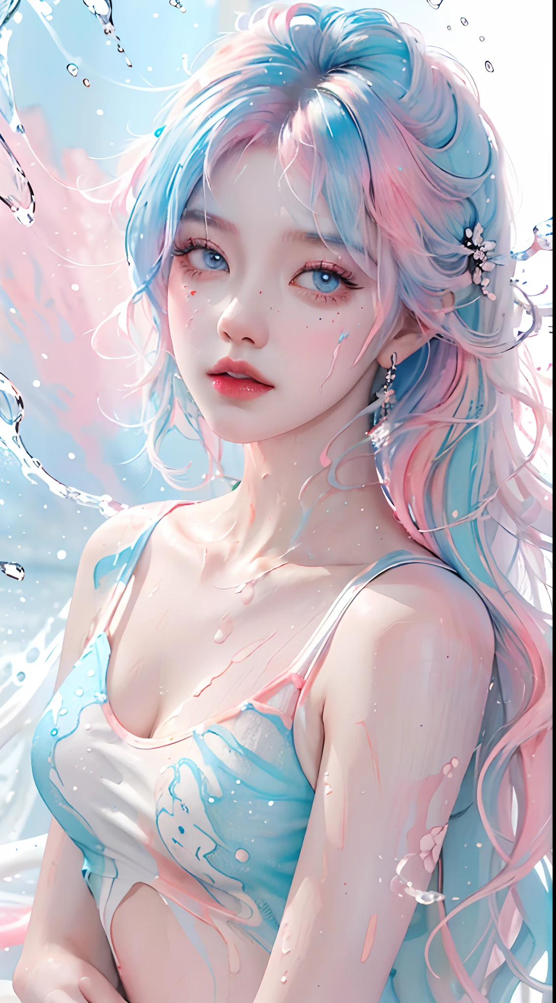 (masterpiece, bestquality, high-res), White background, acrylic paint, ((color splashes, Splash of Ink, color splashes)), Sweet Chinese Girl, Long hair light blue, [light blue|pink] hair, curly hair, Glitter, Peach Lips, White shirt, Front, Upper body