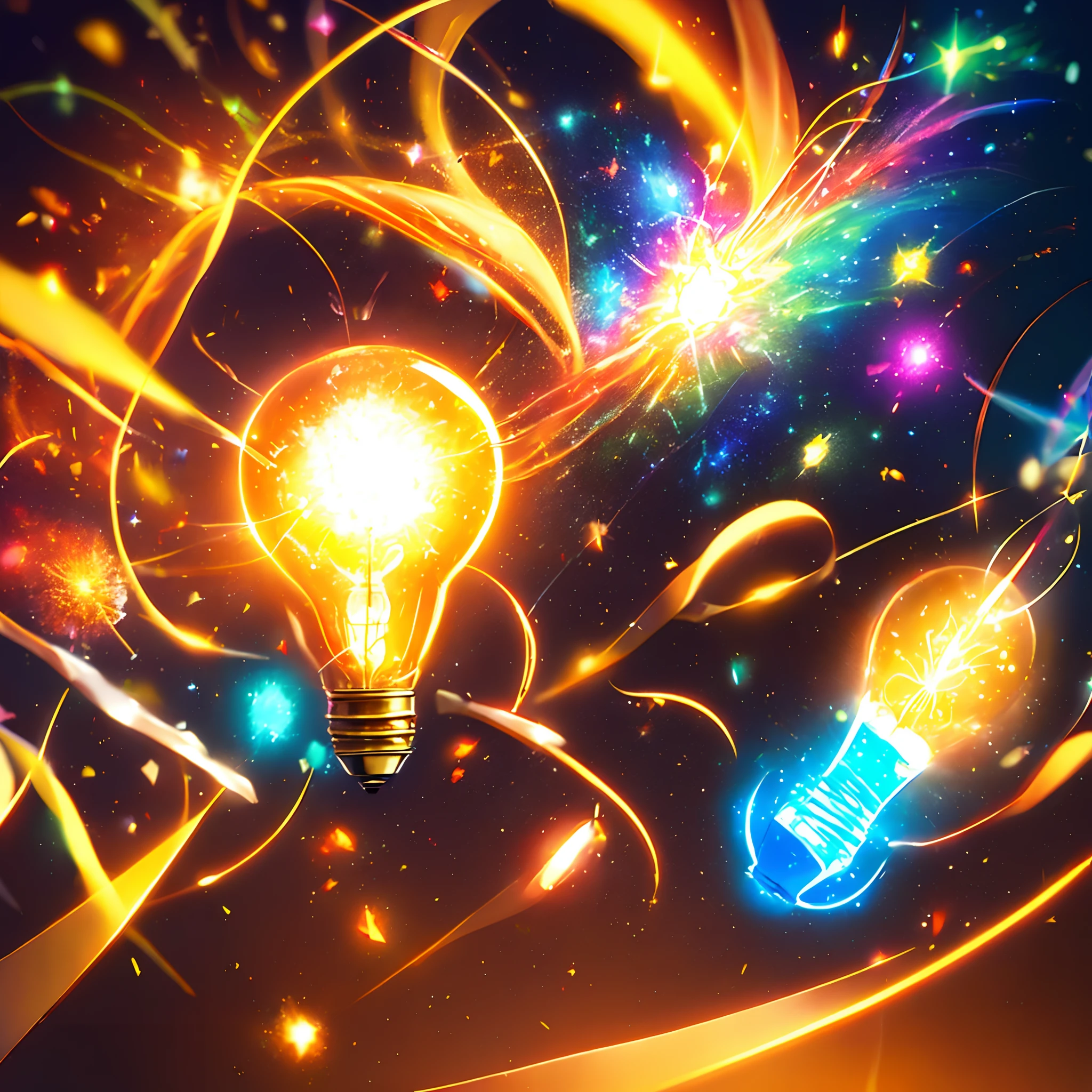 light bulb,  explosion of brilliant light bursts from the light bulb, enlightenment, new idea, vivid colours, epic fantasy, joy