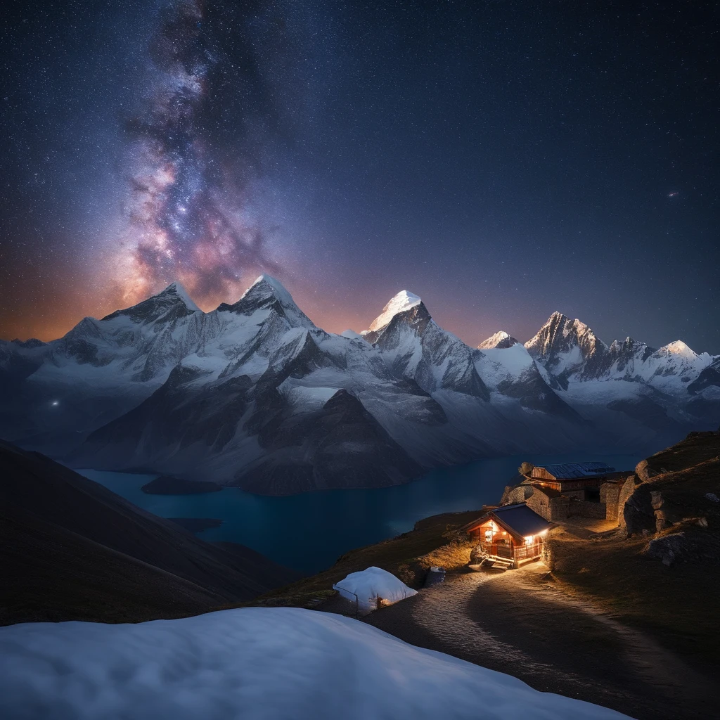 Master Parts、Superior Quality、superior image quality、The 8k quality、Beautiful pictures of the starry sky、magnifica、Arched Milky Way:1.9、Mount Everest、snow mountains