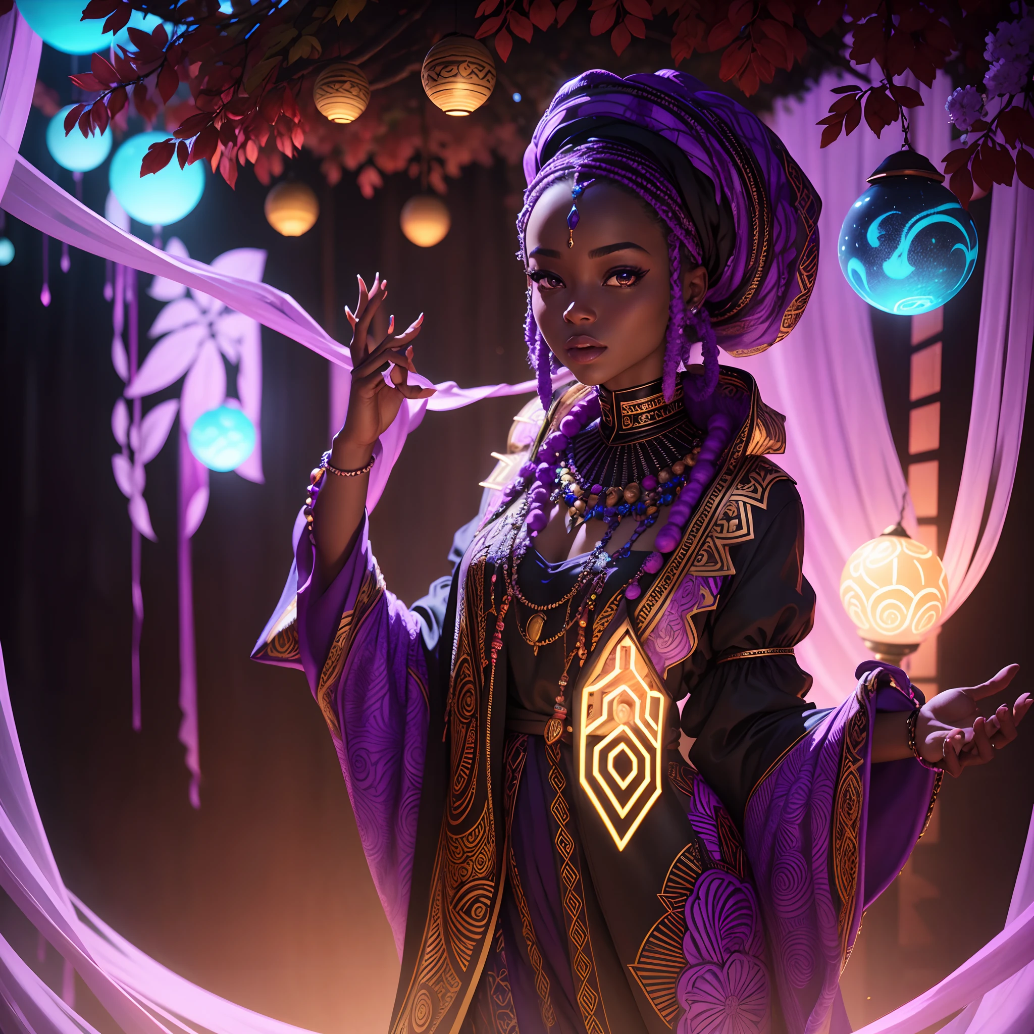 Wide angle shot of a Beautiful happy African dressed in African designed clothes, made of hides and leather, sitting in a neon lit bouncing castle with African designs on it, bouncing castle full of African designed bouncing neon lit marble balls, shining particles in the air, dark interior with African designs in the scene shining blue and violet colours in the scene, giving a scene a blue and velvet cinematic look, with iridescent light, hyper-realistic image, 32k, ultra HD, cinematic lighting --auto --s2