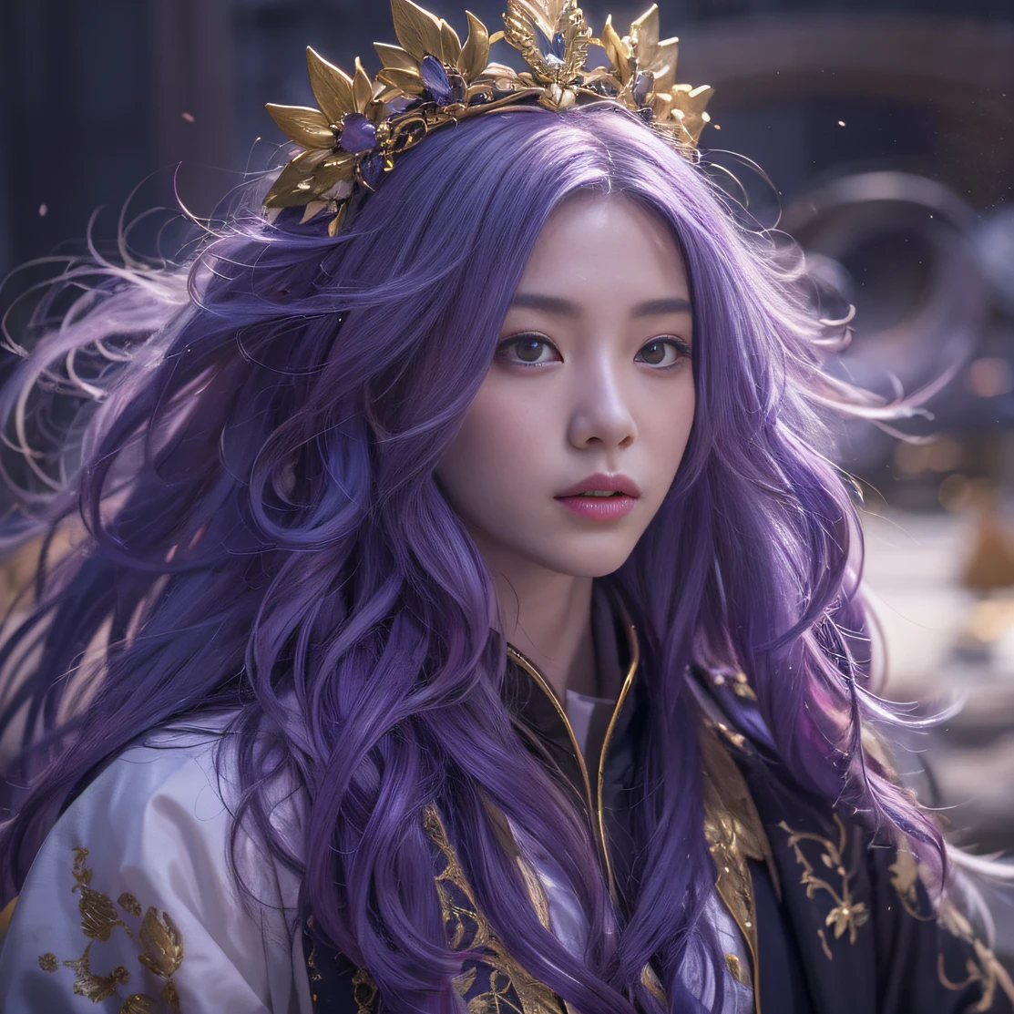 Blood Girl 32K（tmasterpiece，k hd，hyper HD，32K）Long flowing bright purple hair，blood pond，zydink， a color，Silent （Post-halo）， （Old blue and white scarf）， Combat posture， looking at the ground， long whitr hair， Floating bright purple， Fire cloud pattern gold tiara， Chinese long-sleeved gold silk garment， （Abstract metaverse splash：1.2）， white backgrounid，Lotus vitality protector（realisticlying：1.4），Bright purple hair，Smoke on the road，The background is pure， A high resolution， the detail， RAW photogr， Sharp Re， Nikon D850 Film Stock Photo by Jefferies Lee 4 Kodak Portra 400 Camera F1.6 shots, Rich colors, ultra-realistic vivid textures, Dramatic lighting, Unreal Engine Art Station Trend, cinestir 800，A girl with long flowing bright purple hair