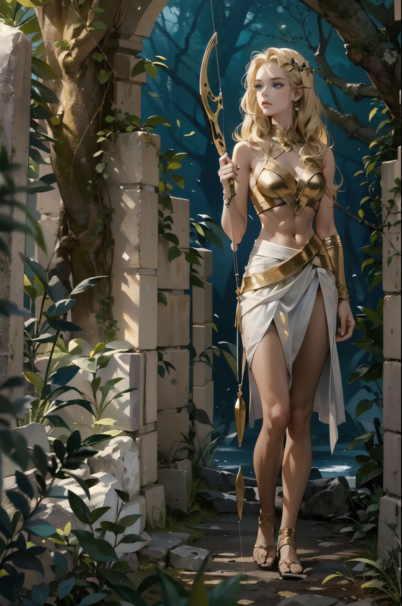 sexy She-Ra wearing a white tunic with gold pattern, outisde, forest background, 1 girl, solo, show skin, cleavage, sword , intricate details, athletic and fit body, naughty, slutty, perfect hands, detailed hands, perfect eyes, detailed eyes, dynamic pose, strong, realistic, HDR, UHD, dynamic