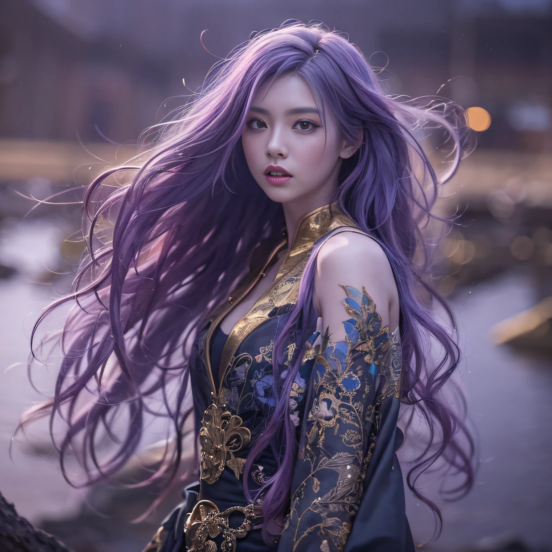 Blood Girl 32K(tmasterpiece,k hd,hyper HD,32K)Long flowing bright purple hair,blood pond,zydink, a color,Silent (Post-halo), (Old blue and white scarf), Combat posture, looking at the ground, long whitr hair, Floating bright purple, Fire cloud pattern gold tiara, Chinese long-sleeved gold silk garment, (Abstract metaverse splash:1.2), white backgrounid,Lotus vitality protector(realisticlying:1.4),Bright purple hair,Smoke on the road,The background is pure, A high resolution, the detail, RAW photogr, Sharp Re, Nikon D850 Film Stock Photo by Jefferies Lee 4 Kodak Portra 400 Camera F1.6 shots, Rich colors, ultra-realistic vivid textures, Dramatic lighting, Unreal Engine Art Station Trend, cinestir 800,A girl with long flowing bright purple hair