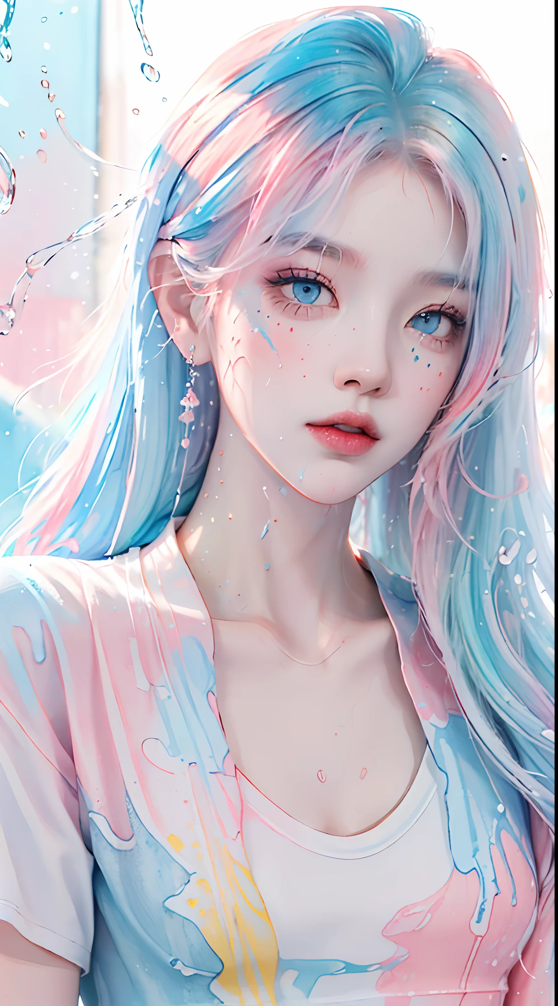 (masterpiece, bestquality, high-res), White background, acrylic paint, ((color splashes, Splash of Ink, color splashes)), Sweet Chinese Girl, Long hair light blue, [light blue|pink] hair, curly hair, Glitter, Peach Lips, White shirt, Front, Upper body