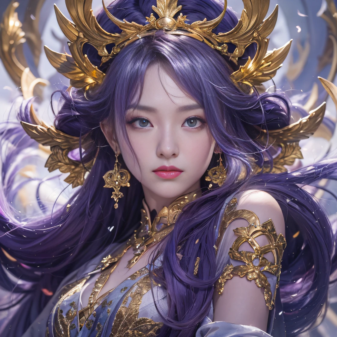 Blood Girl 32K（tmasterpiece，k hd，hyper HD，32K）Long flowing bright purple hair，blood pond，zydink， a color，Silent （Post-halo）， （Old blue and white scarf）， Combat posture， looking at the ground， long whitr hair， Floating bright purple， Fire cloud pattern gold tiara， Chinese long-sleeved gold silk garment， （Abstract metaverse splash：1.2）， white backgrounid，Lotus vitality protector（realisticlying：1.4），Bright purple hair，Smoke on the road，The background is pure， A high resolution， the detail， RAW photogr， Sharp Re， Nikon D850 Film Stock Photo by Jefferies Lee 4 Kodak Portra 400 Camera F1.6 shots, Rich colors, ultra-realistic vivid textures, Dramatic lighting, Unreal Engine Art Station Trend, cinestir 800，A girl with long flowing bright purple hair
