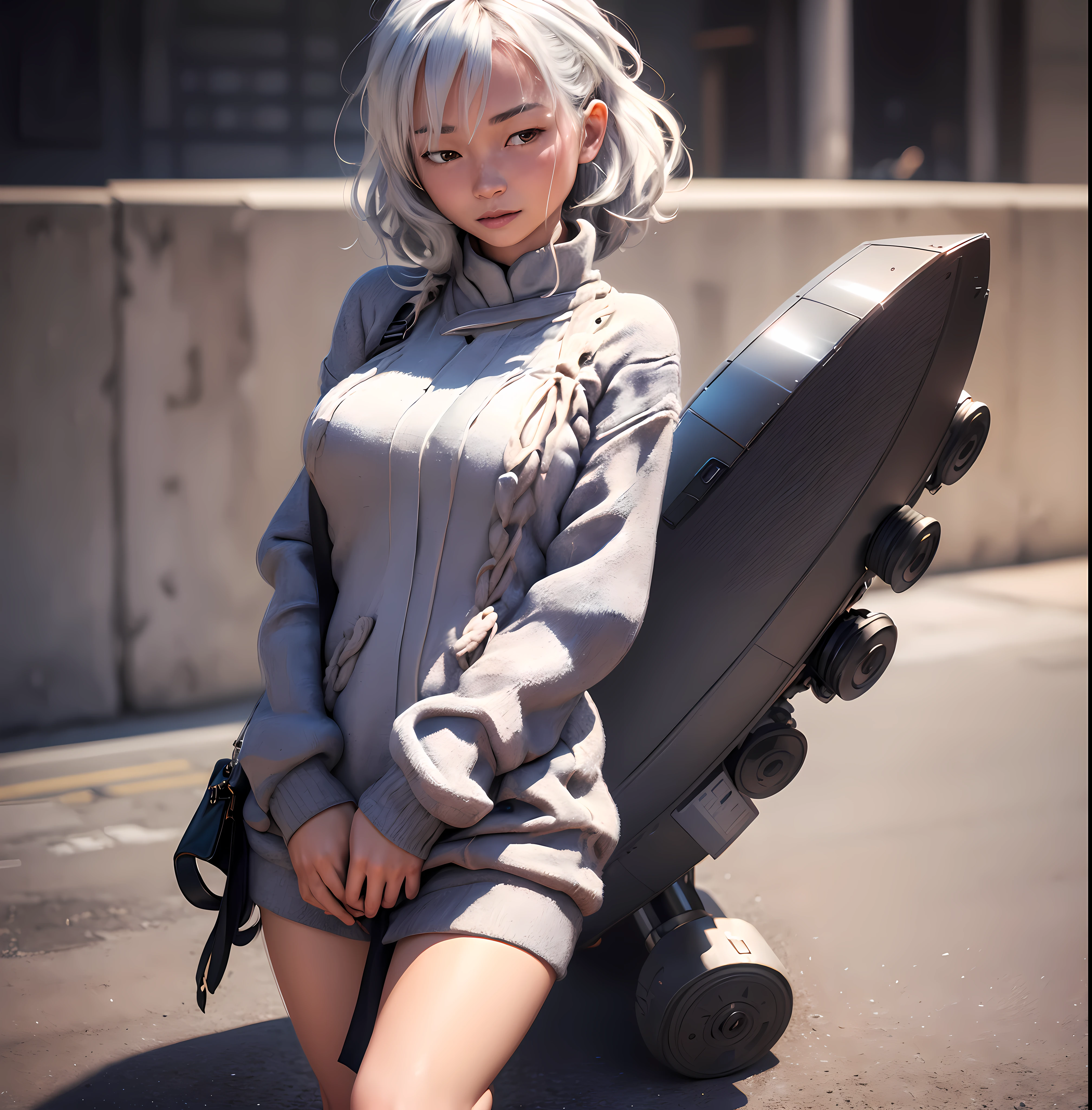 (extremely detailed CG unity 8k wallpaper), (masterpiece), (best quality), (ultra-detailed), (best illustration), (best shadow), (photorealistic:1.4), 1girl on street, Kpop idol, ((very oversize sweater, buttoned sweater, open sweater)), (grey hair:1.1), collarbone, (midel breasts:1.3), looking at viewer, smile, full body, --auto